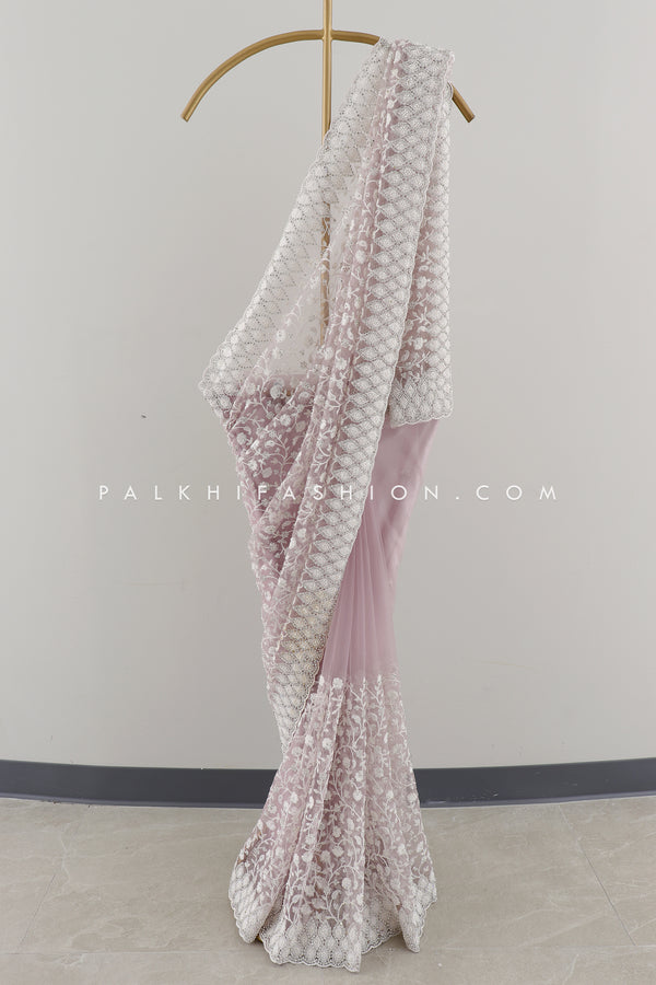 Luxe Lilac: Embellished Designer Blush Lilac Saree with Pearl & Stone Work