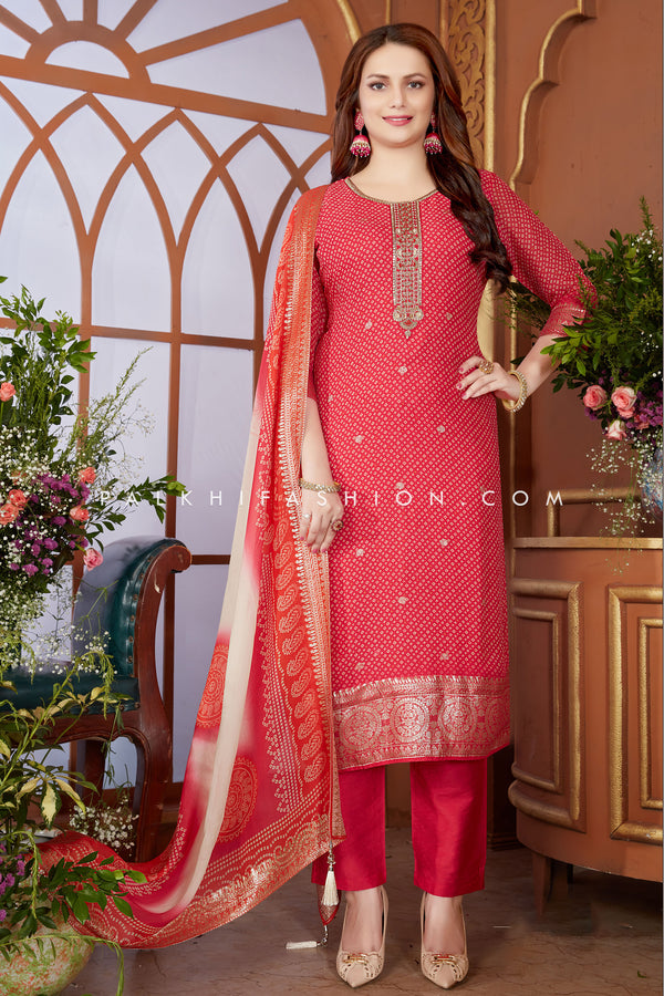 Luxurious Bandhani Straight-Cut Suit with Elegant Work