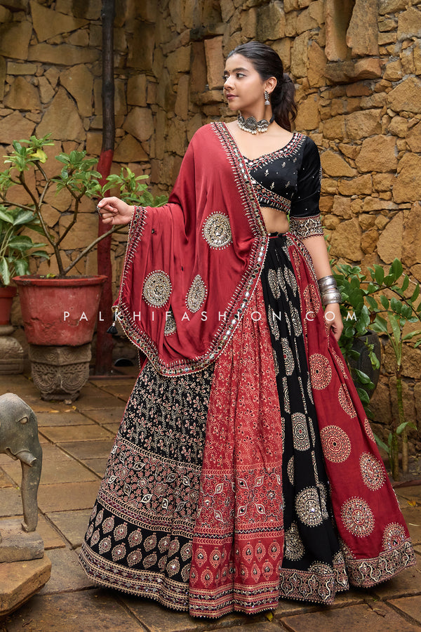 Luxurious Black & Maroon Ajarakh Navratri Lehenga with Mirror Work