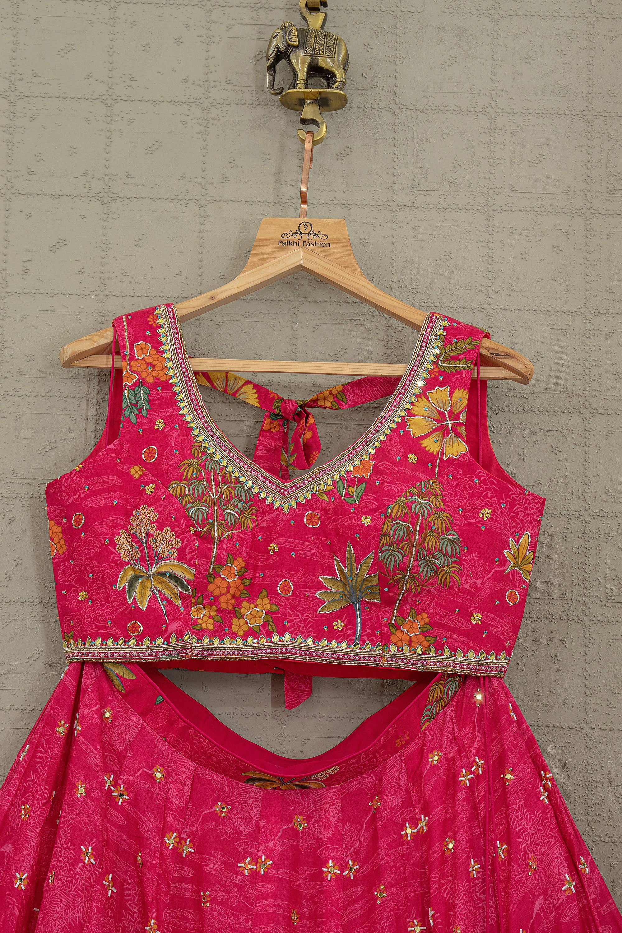 Luxury Fusion Style – Rani Pink Floral Silk Lehenga Set- Palkhi Fashion - Palkhi Fashion