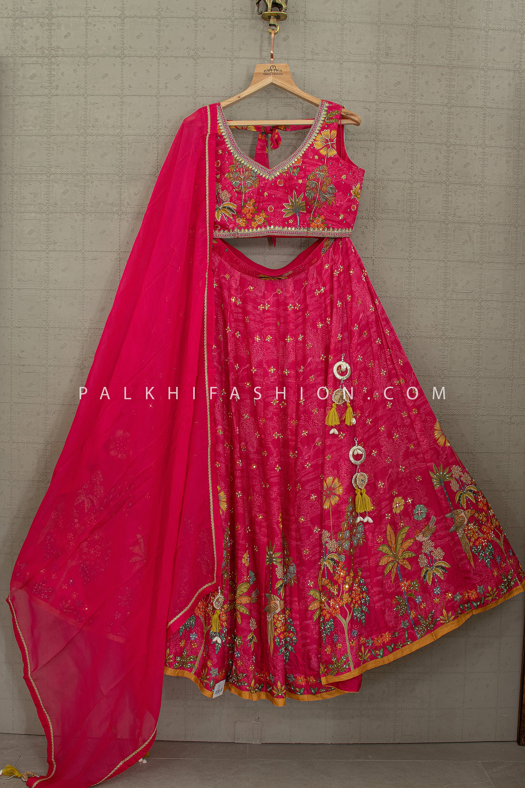 Luxury Fusion Style – Rani Pink Floral Silk Lehenga Set- Palkhi Fashion - Palkhi Fashion