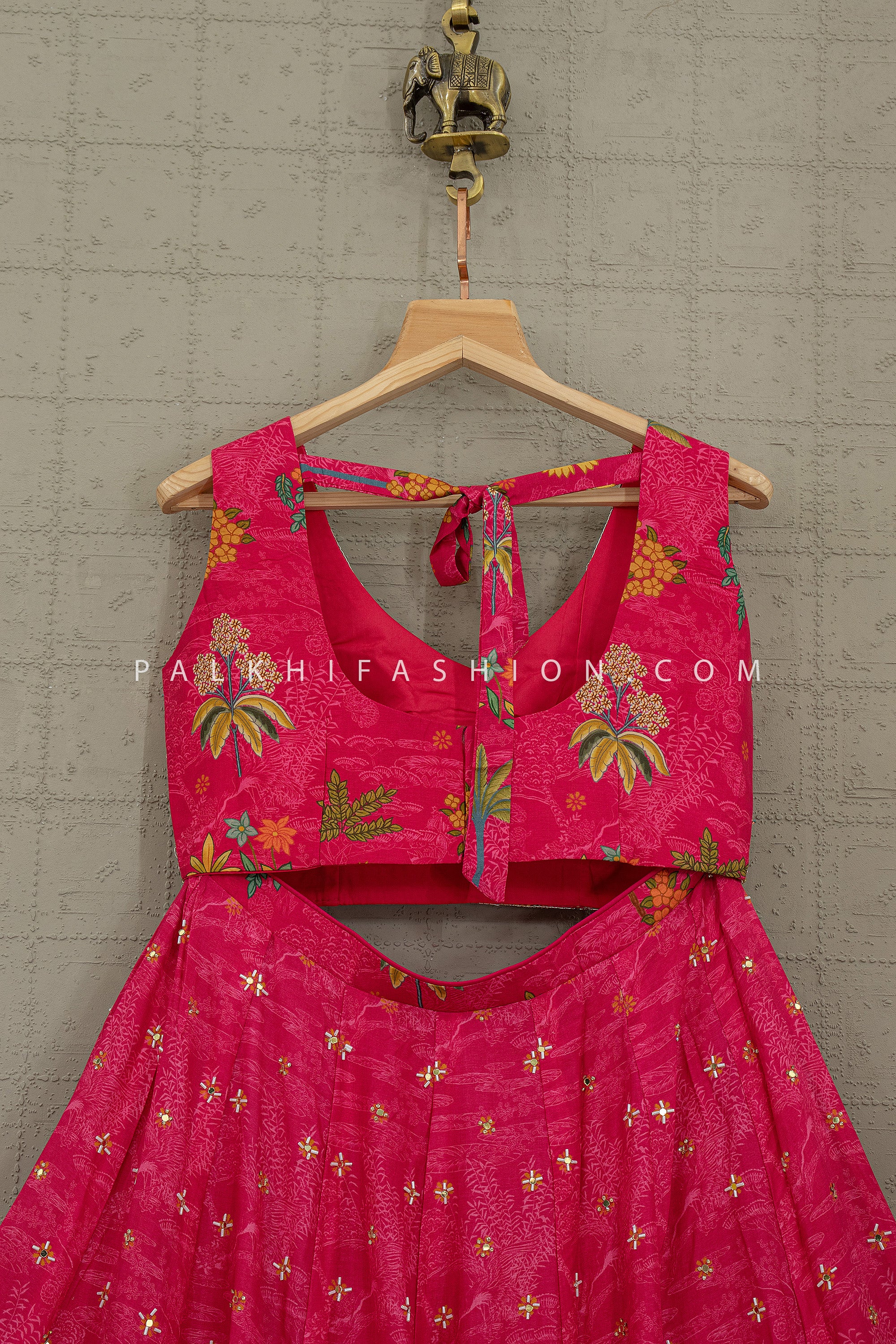 Luxury Fusion Style – Rani Pink Floral Silk Lehenga Set- Palkhi Fashion - Palkhi Fashion