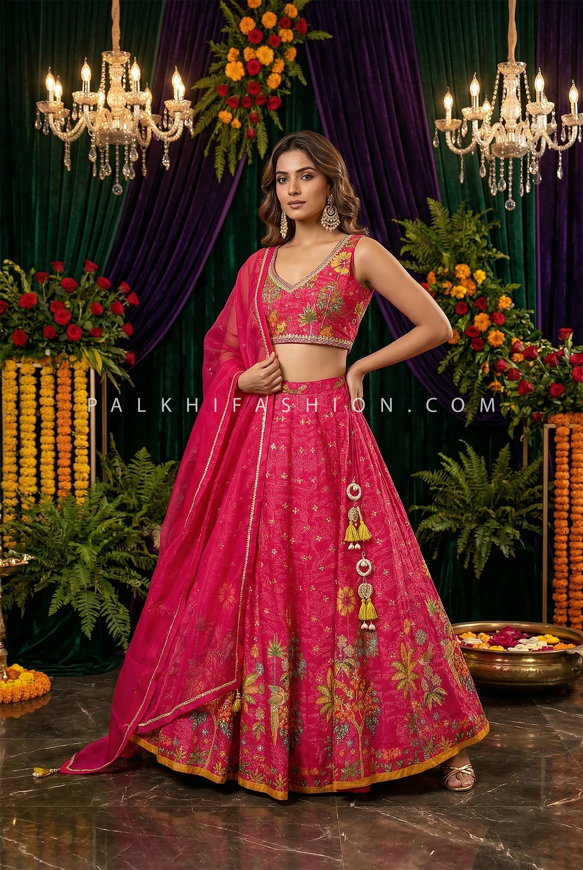 Luxury Fusion Style – Rani Pink Floral Silk Lehenga Set- Palkhi Fashion - Palkhi Fashion