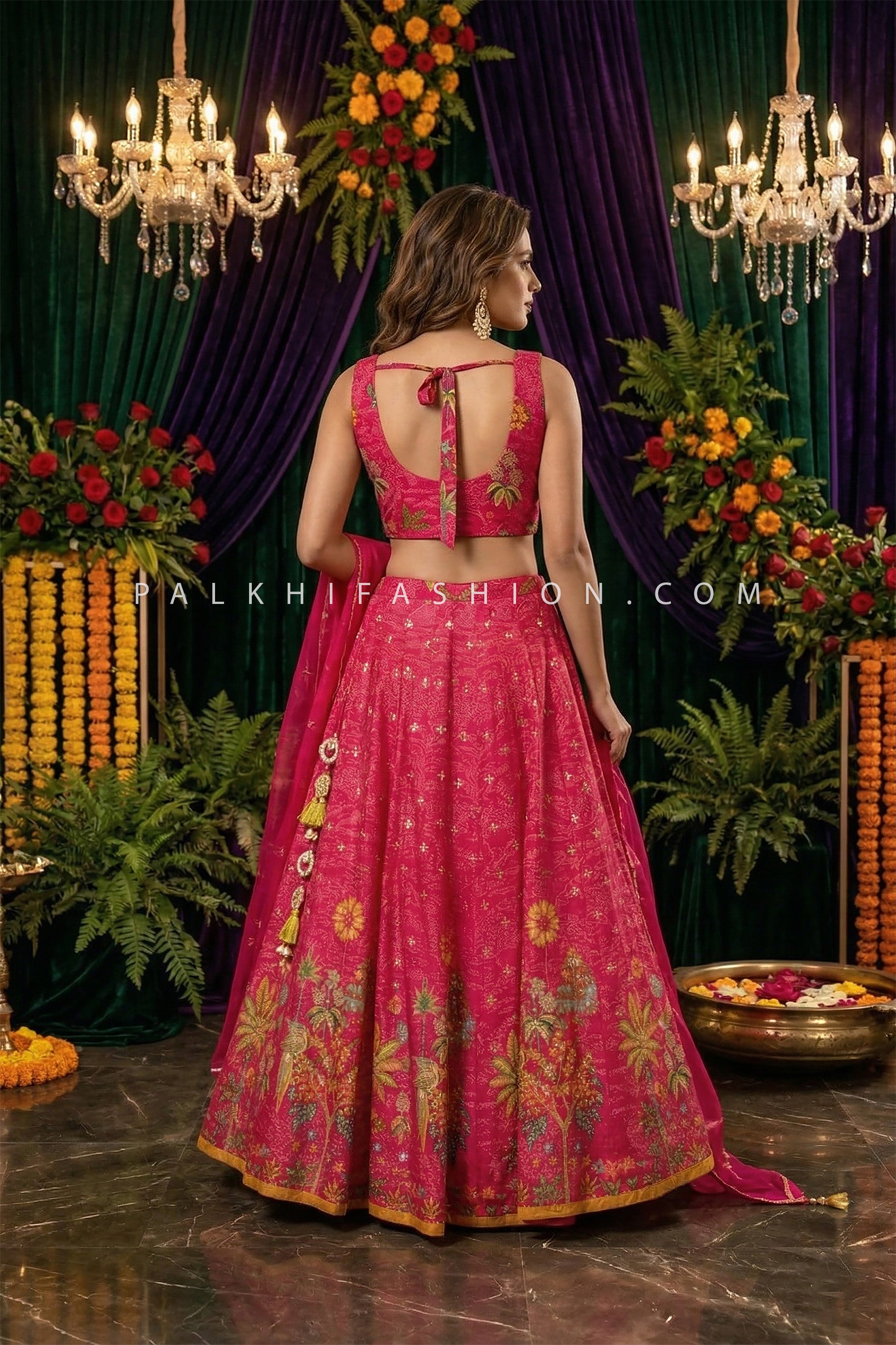 Luxury Fusion Style – Rani Pink Floral Silk Lehenga Set- Palkhi Fashion - Palkhi Fashion