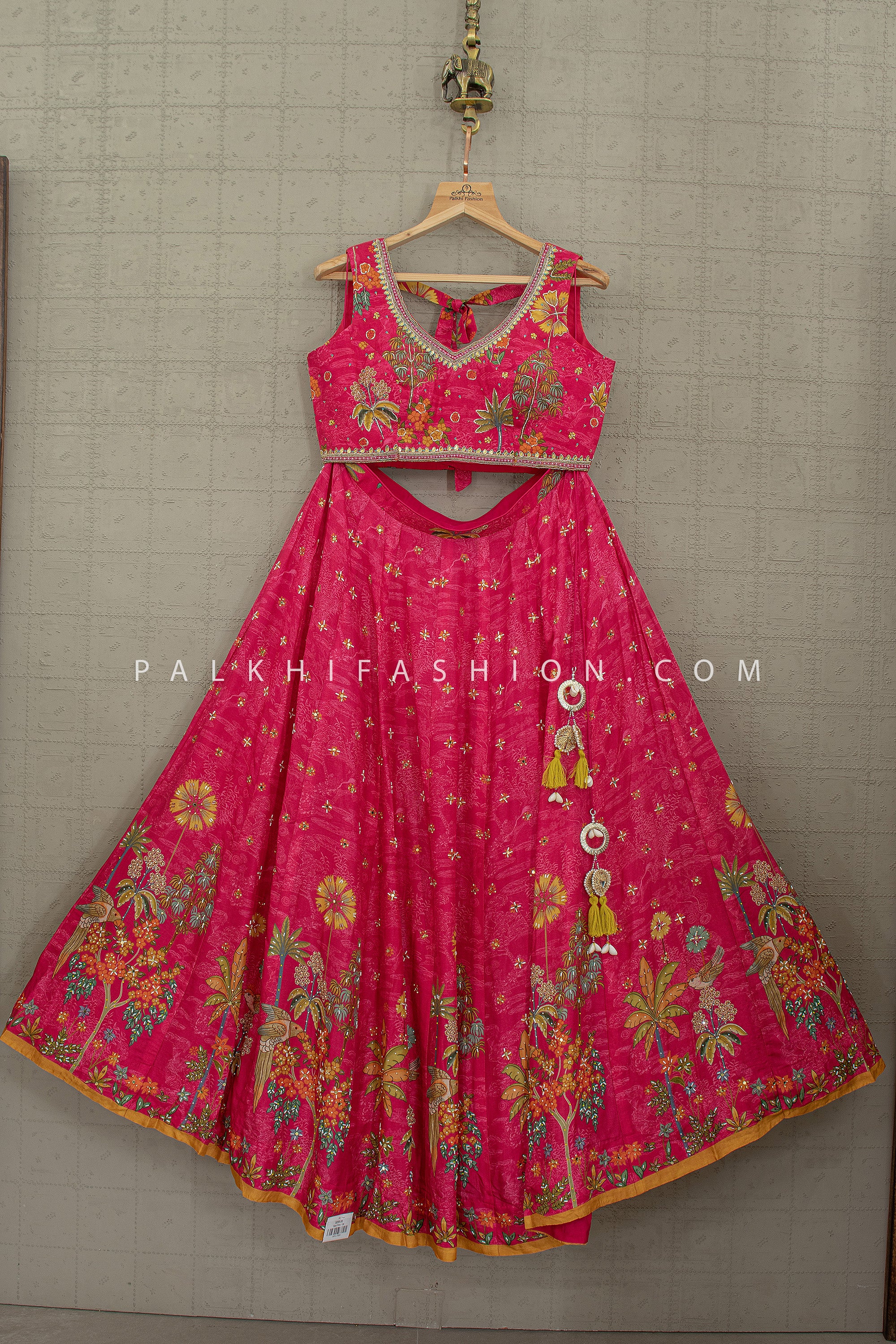 Luxury Fusion Style – Rani Pink Floral Silk Lehenga Set- Palkhi Fashion - Palkhi Fashion