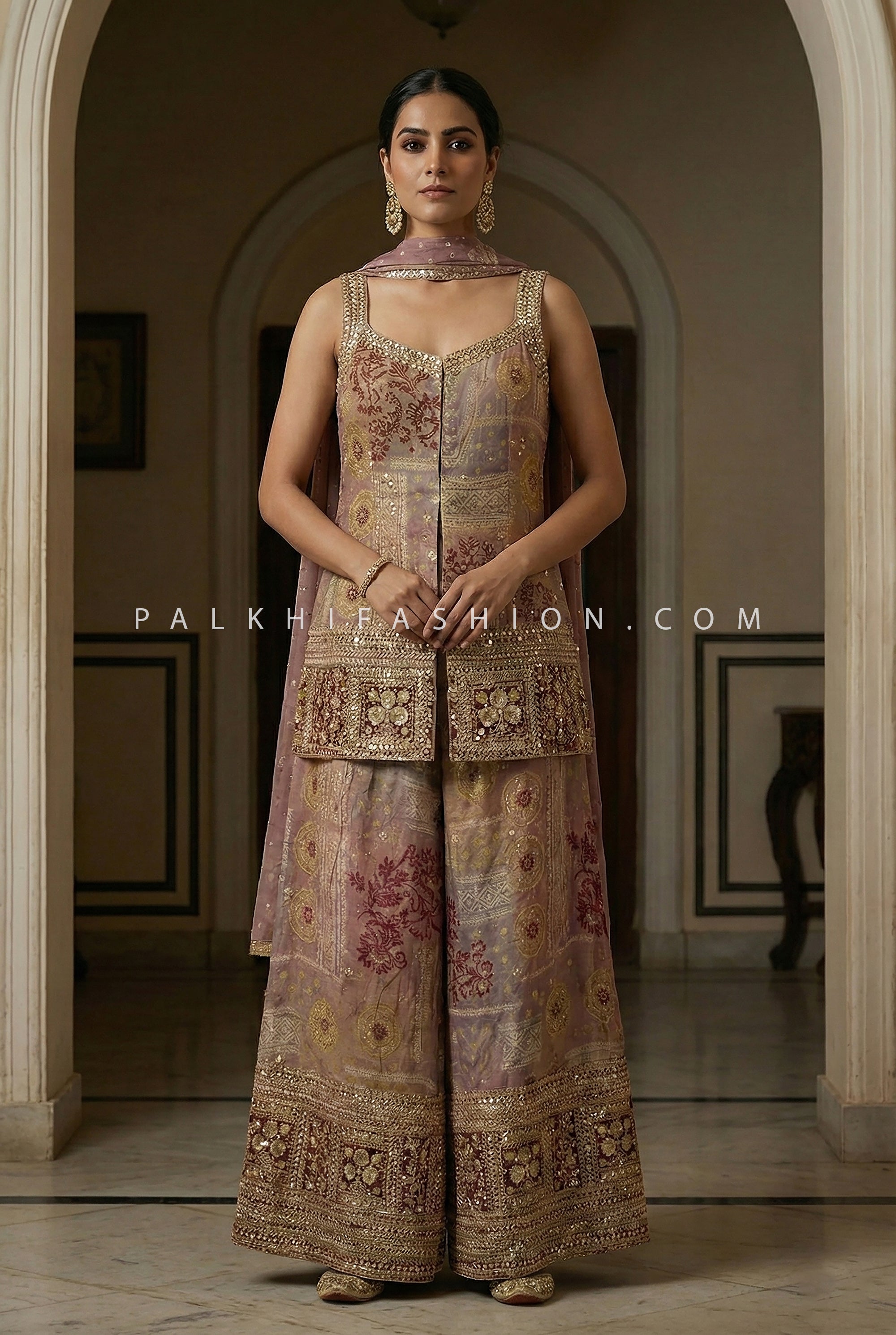 Luxury Mauve Bandhani Palazzo Suit with Stone & Mirror Handwork | Palkhi Fashion