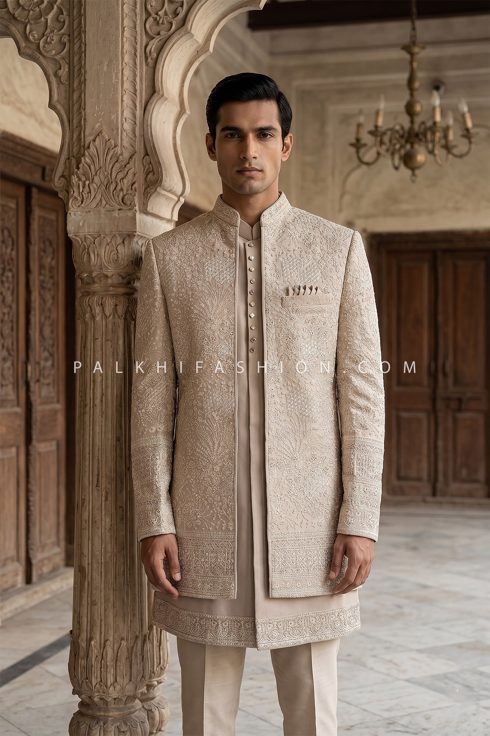 Champagne Majesty Designer Indo Western with Hand Embroidery & Stone Work | Palkhi Fashion