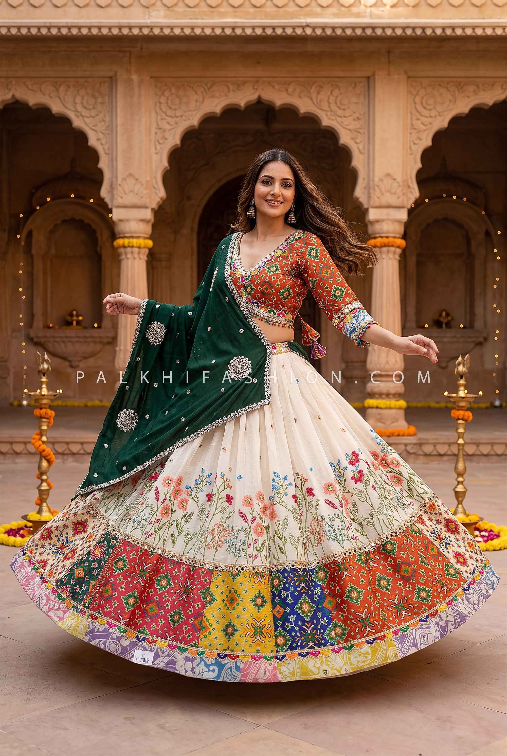 Best Selling Luxury Ivory Cotton Silk Garba Lehenga with Patola Blouse | Palkhi Fashion