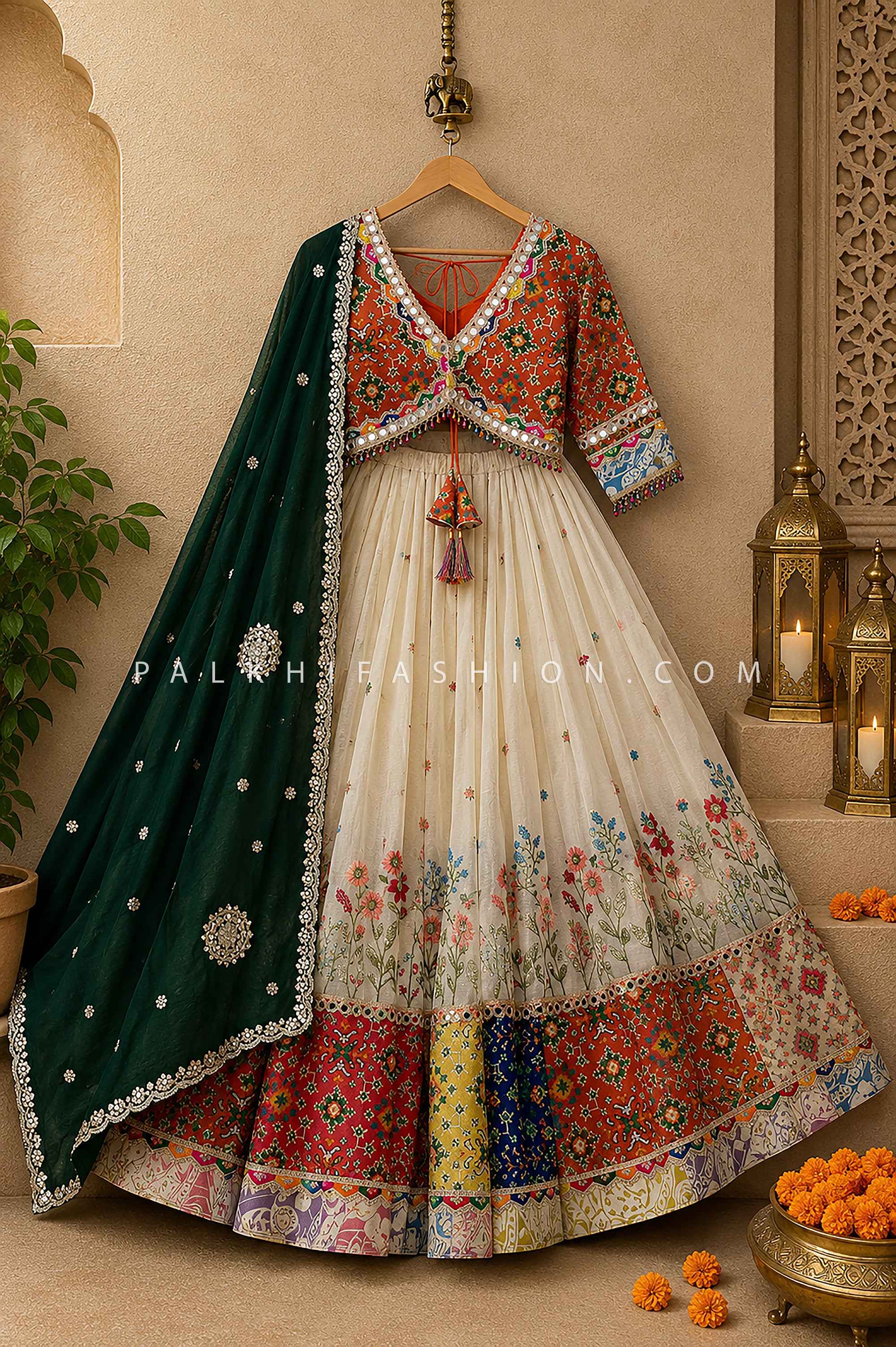 Best Selling Luxury Ivory Cotton Silk Garba Lehenga with Patola Blouse | Palkhi Fashion