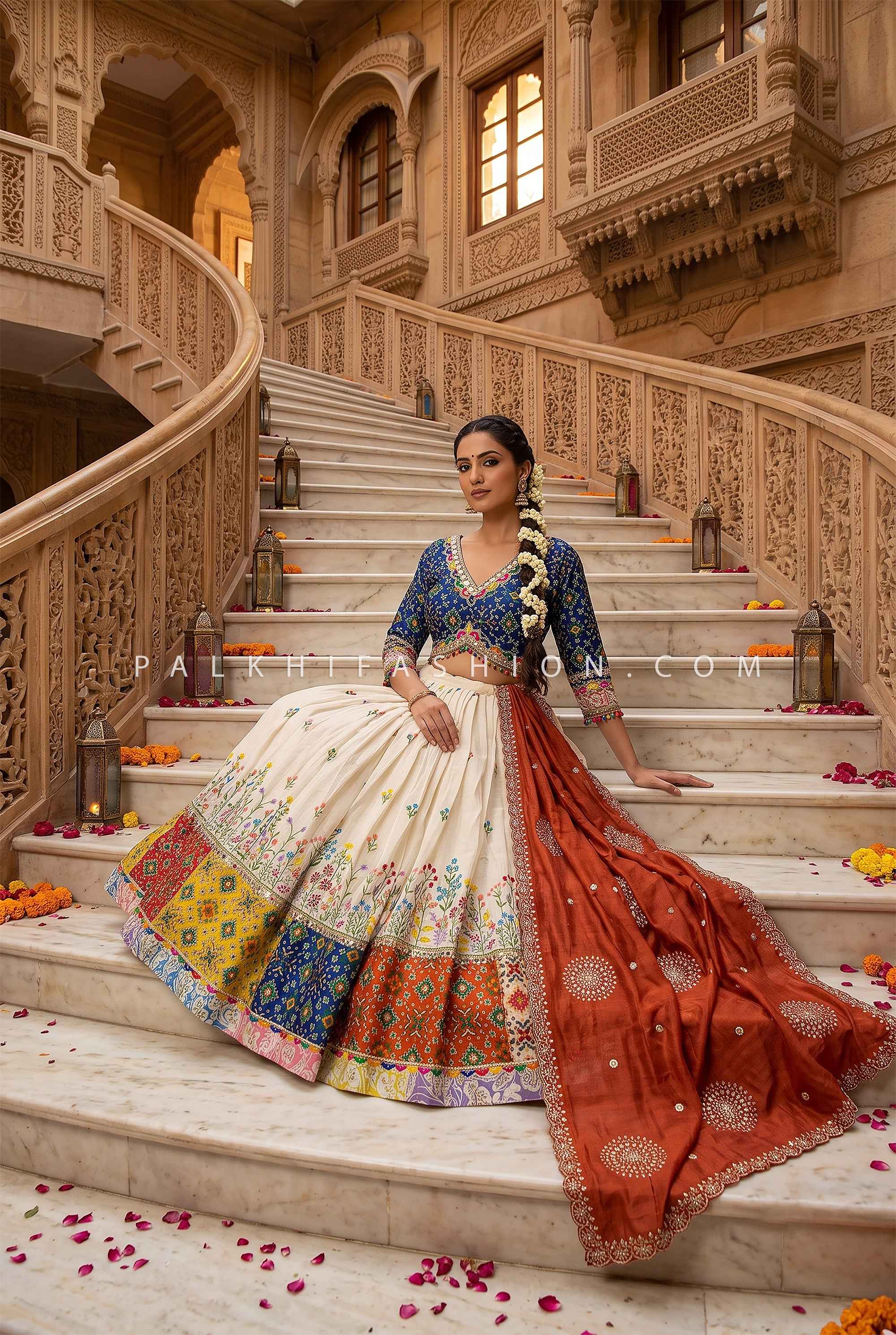 Luxury Ivory Designer Garba Lehenga with Blue Patola Mirror work Blouse | Palkhi Fashion