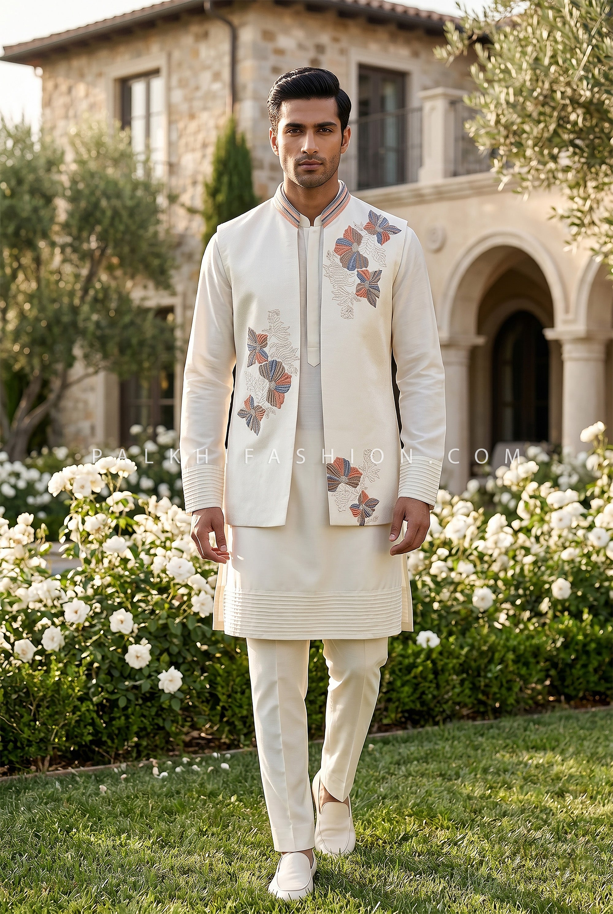 Regal Ivory Kurta with Embroidered Open Jacket by Palkhi Fashion