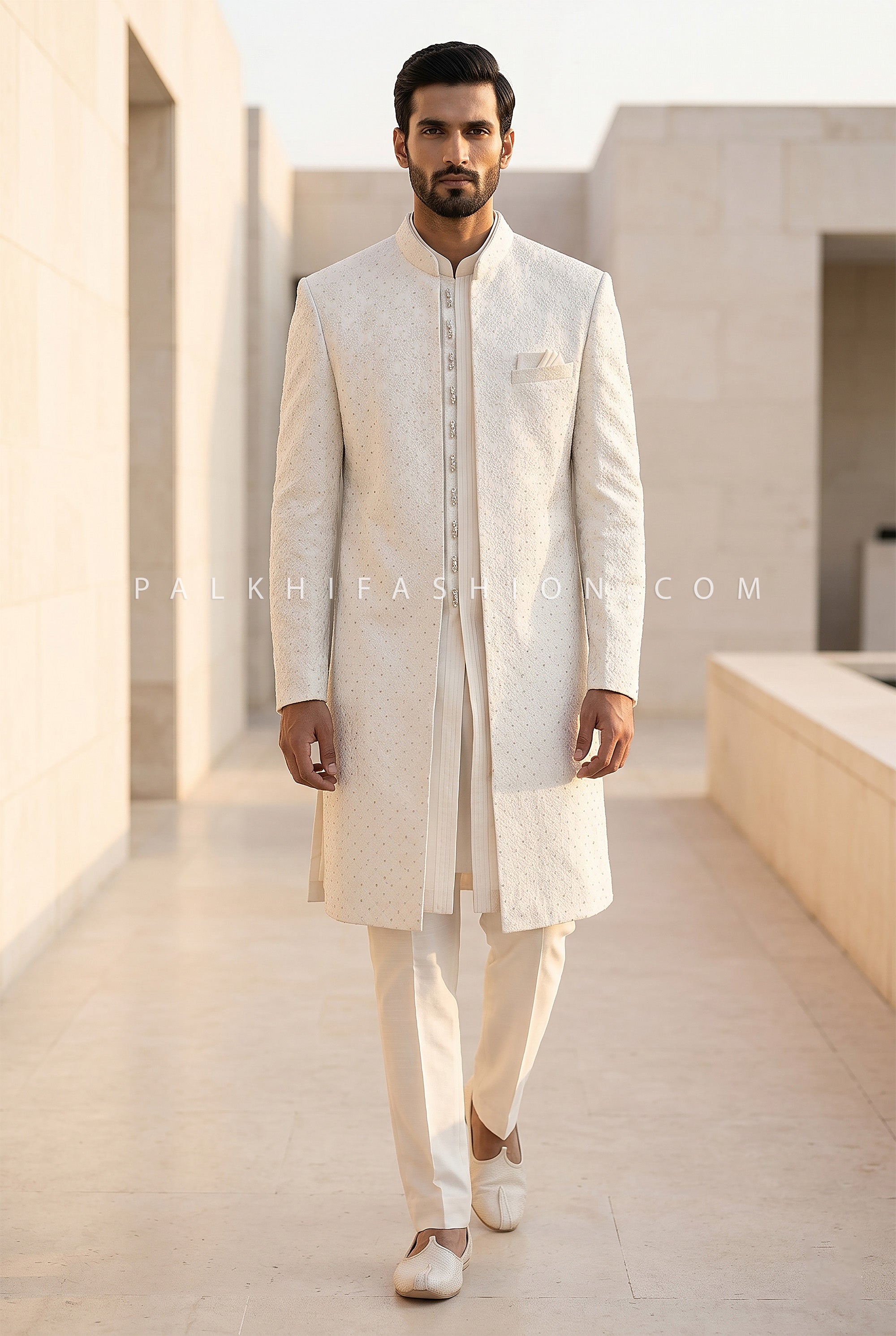 Designer Ivory Semi Indo Western with Soft Silk & Brocade Weave | Palkhi Fashion