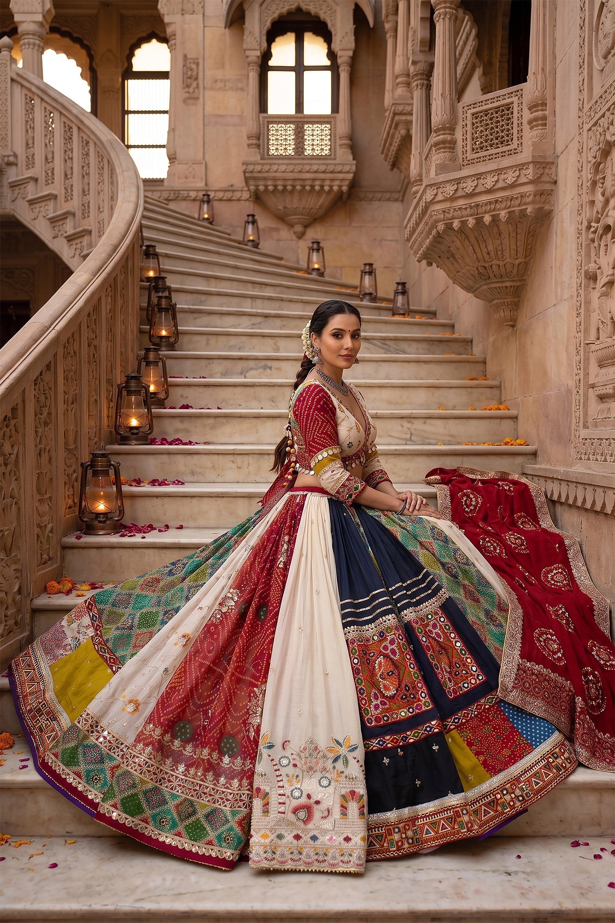 Royal Navrang – Full Flair Multicolor Gujarati Patchwork Navratri Chaniya Choli | Palkhi Fashion