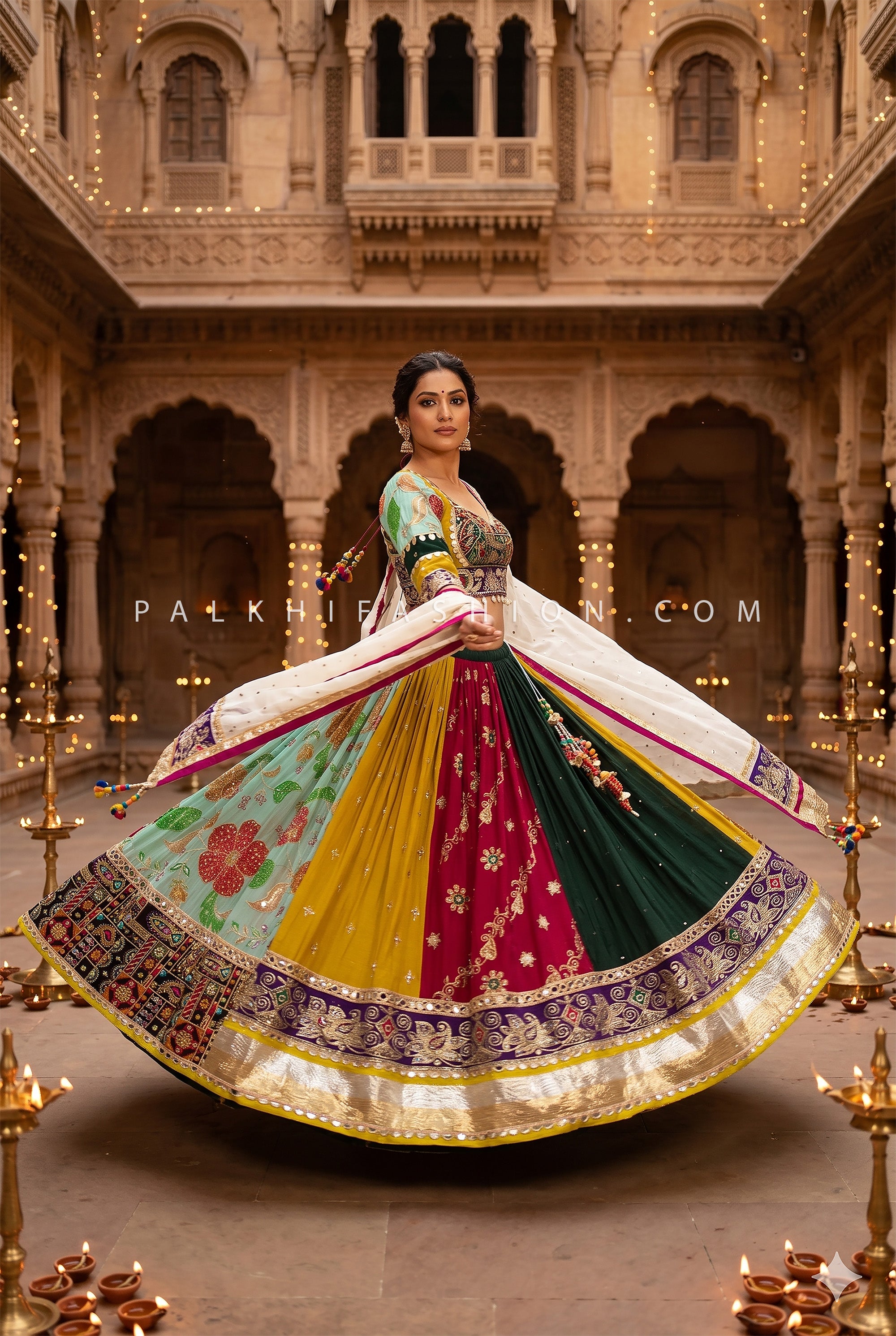 Royal Garba Muse – Artisan Patchwork Chaniya Choli with Mirror Work | Palkhi Fashion