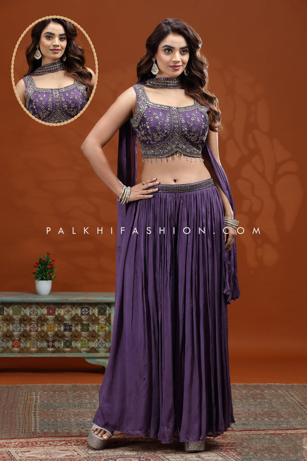 Majestic Splendor: Handcrafted Deep Purple Crop Top Palazzo Set