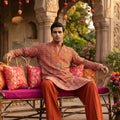 Festive Elegance | Rust Orange Designer Silk Kurta Set with Elephant Embroidery | Palkhi Fashion