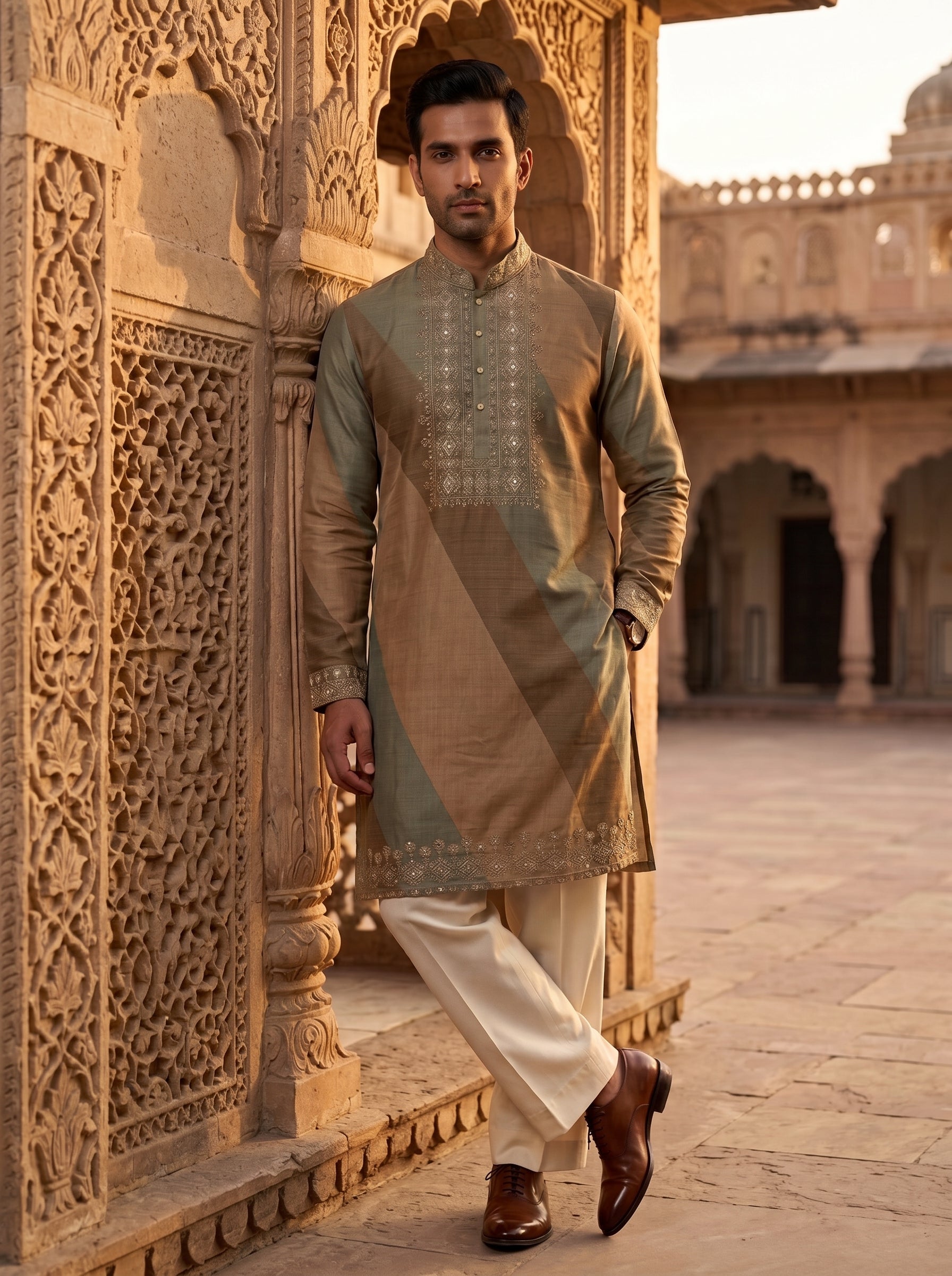 Earth & Sage Elegance | Designer Brown Beadwork Mens Kurta with Off-White Pants | Palkhi Fashion