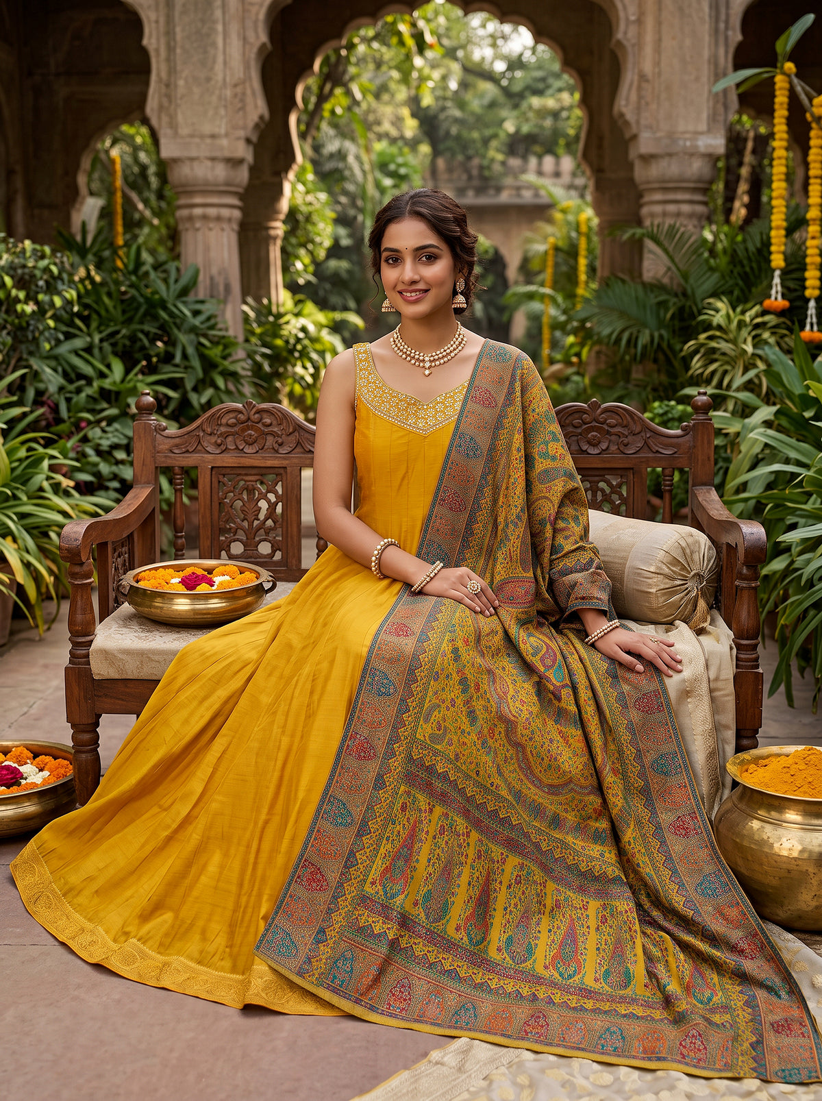 Golden Radiance | Marigold Yellow Silk Anarkali Suit with Mirror Work | Palkhi Fashion