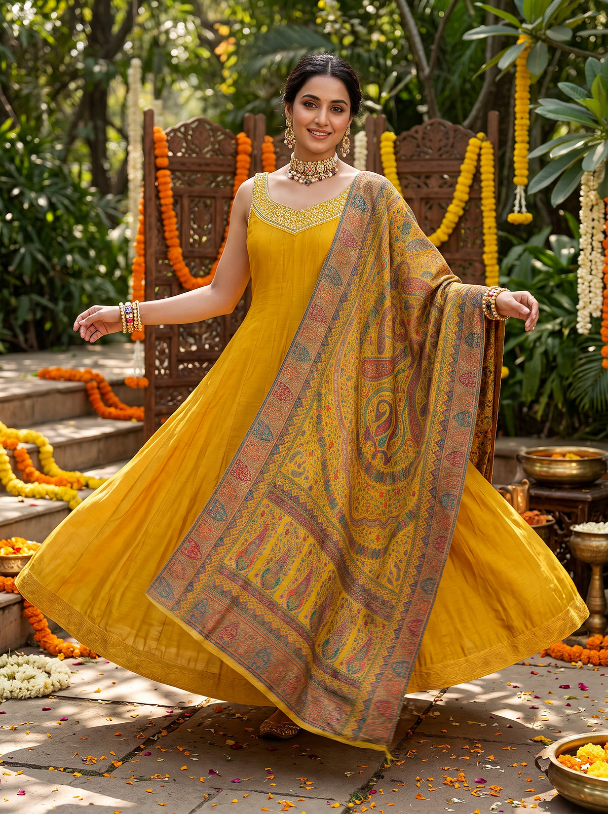 Golden Radiance | Marigold Yellow Silk Anarkali Suit with Mirror Work | Palkhi Fashion