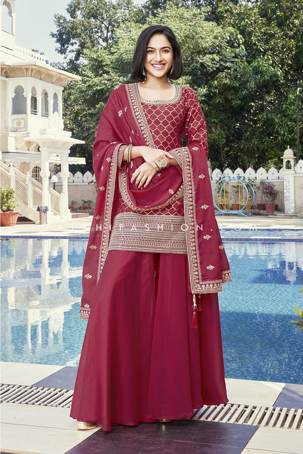 Maroon Embroidery Work Palazzo Outfit In Silk Fabric