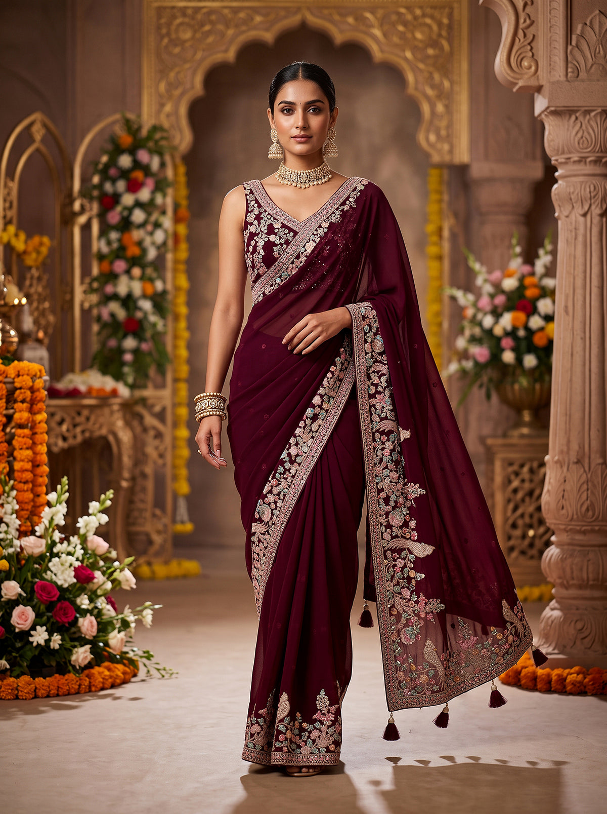 Majestic Floral Elegance | Premium Maroon Georgette Saree with Embellished Border | Palkhi Fashion