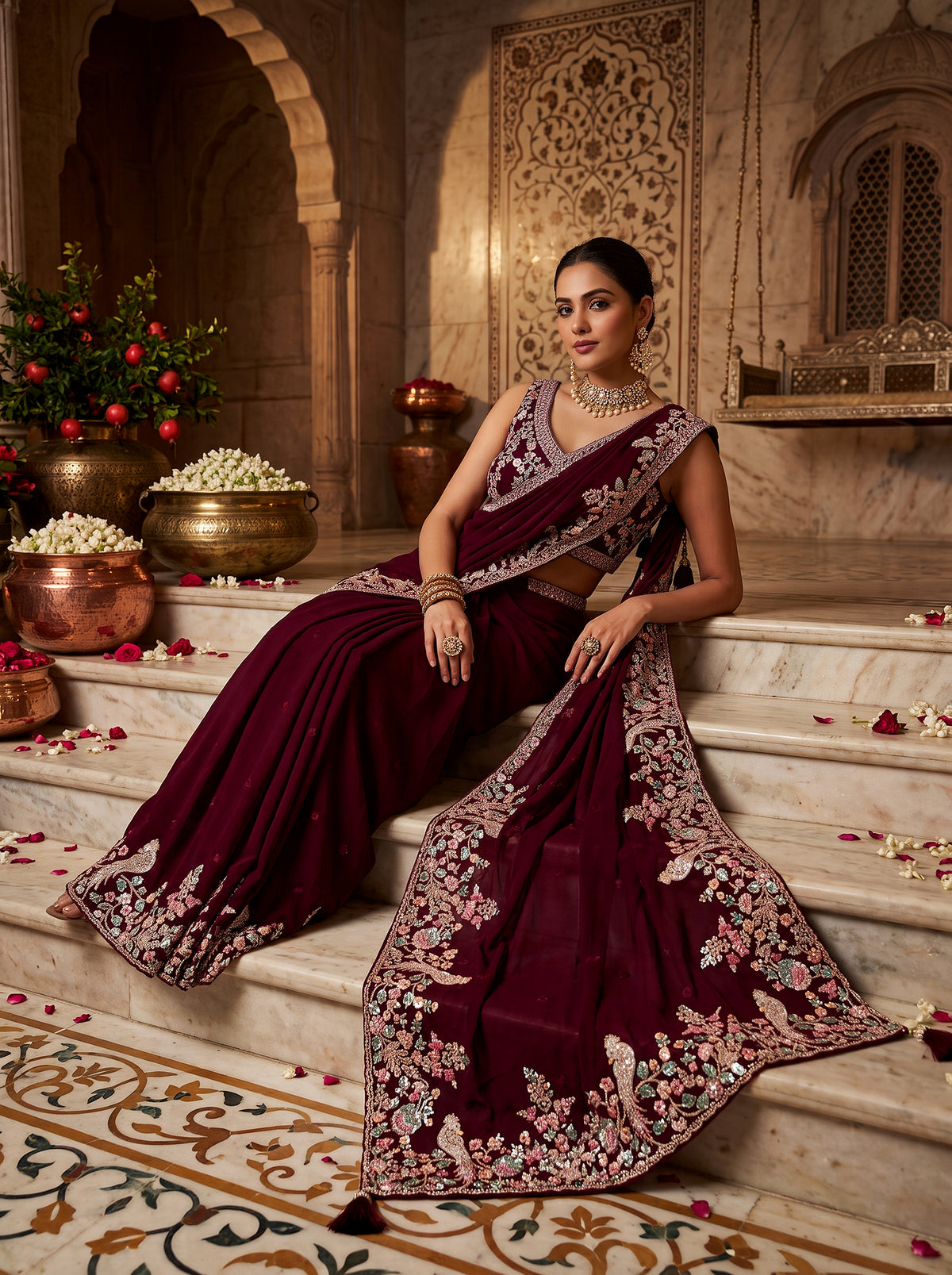 Majestic Floral Elegance | Premium Maroon Georgette Saree with Embellished Border | Palkhi Fashion
