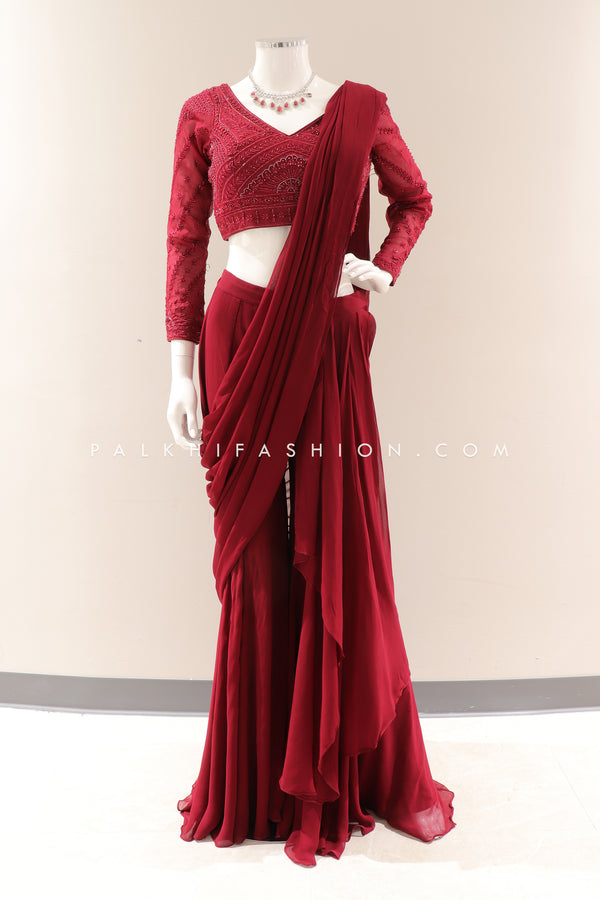 Maroon Indian Designer Palazzo Saree with Intricate Handwork