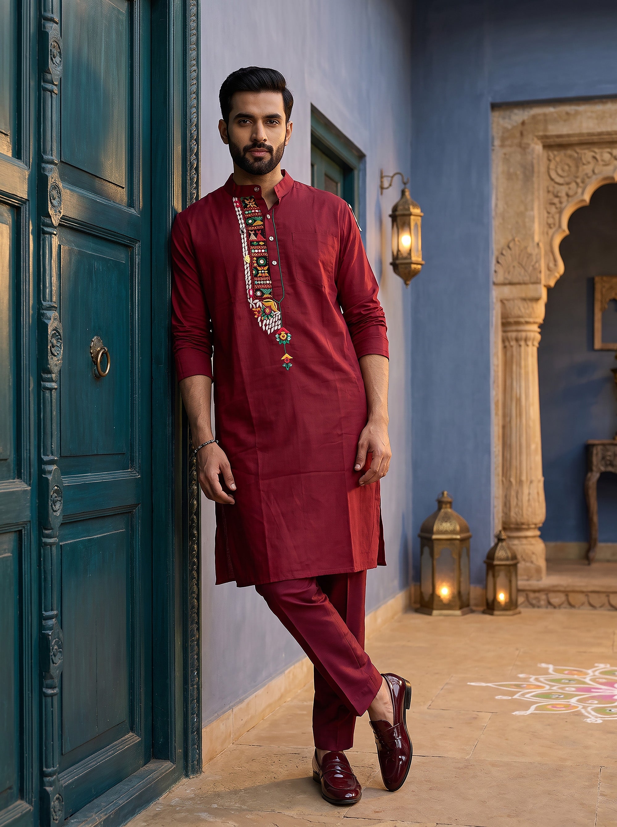 Rangilo Raj | Maroon Premium Kurta Kutchi Mirror Work | Palkhi Fashion