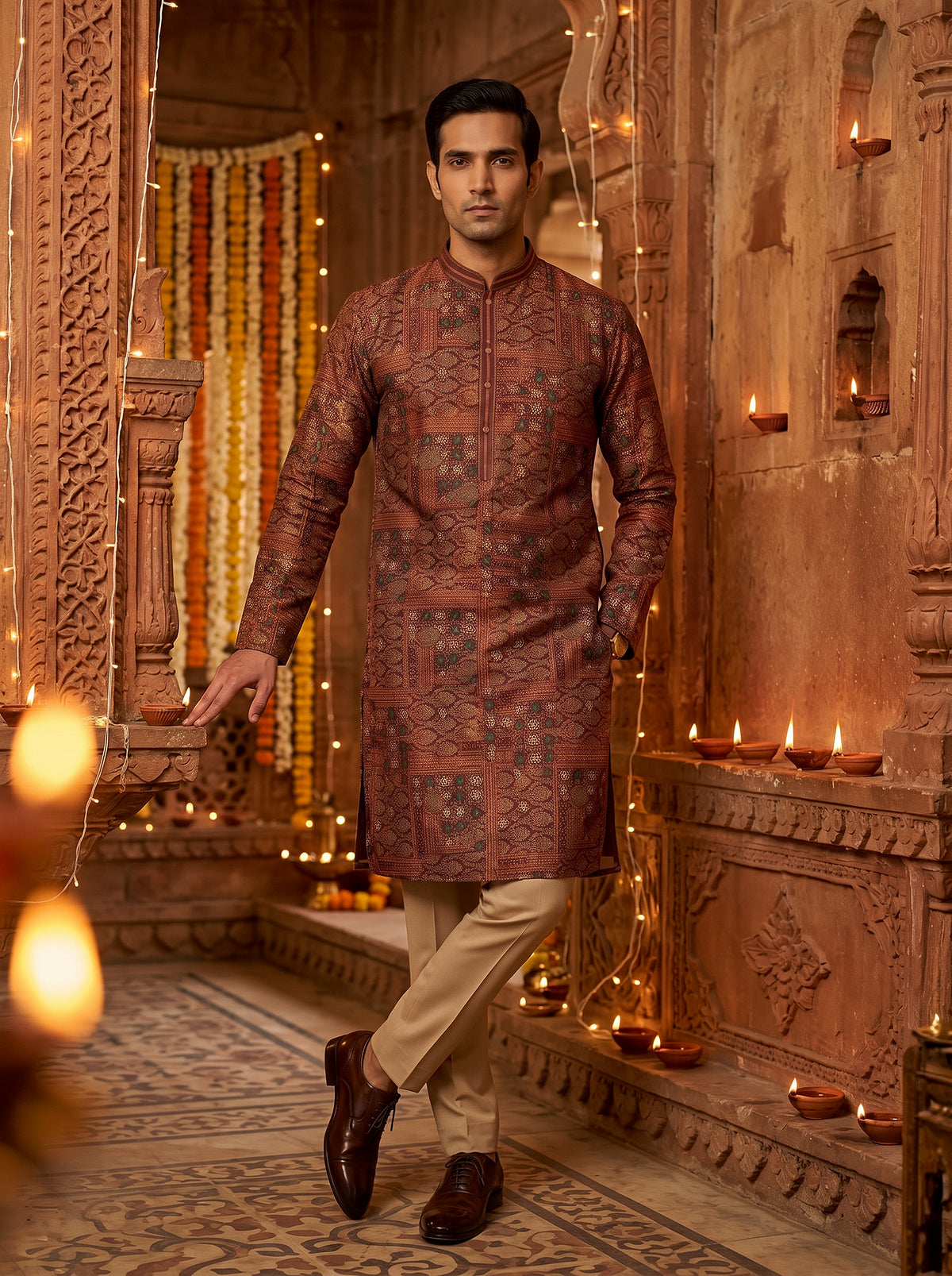 Maroon Patola Weave Silk Brocade Kurta Set with Woven Zari | Palkhi Fashion