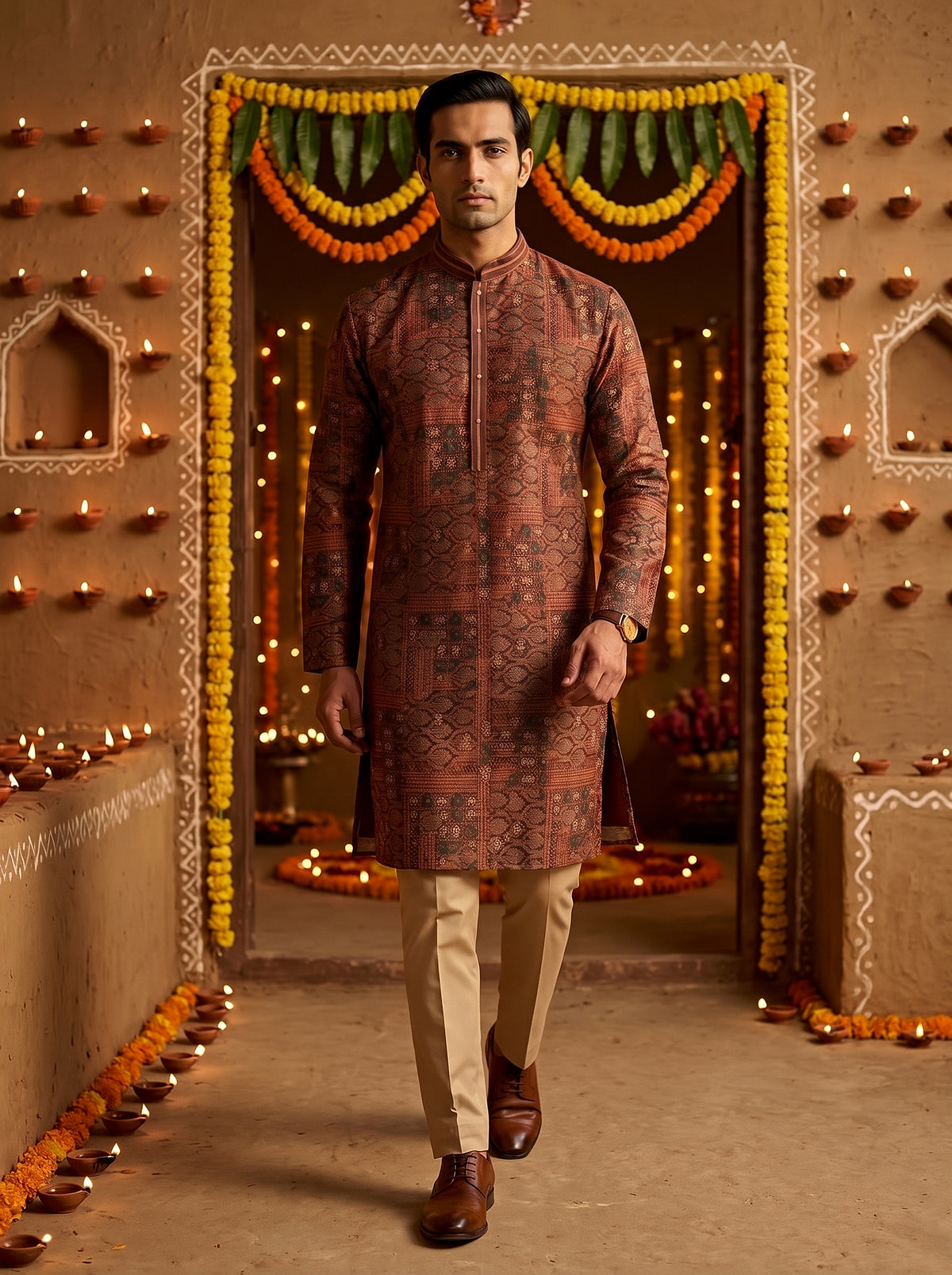 Maroon Patola Weave Silk Brocade Kurta Set with Woven Zari | Palkhi Fashion