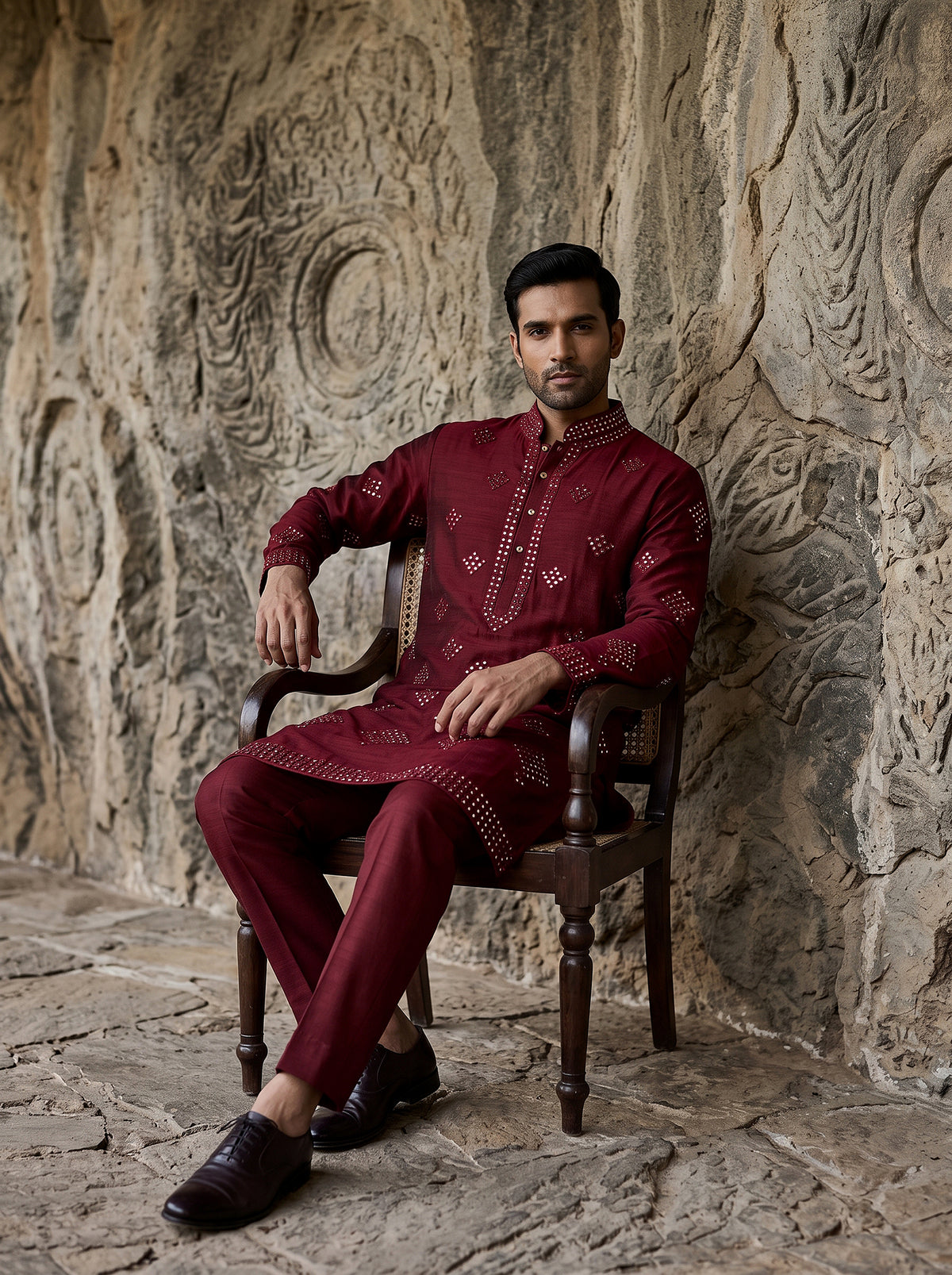 Maroon Brilliance | Maroon Silk Blend Mirror Work Kurta Set with Straight Pants | Palkhi Fashion