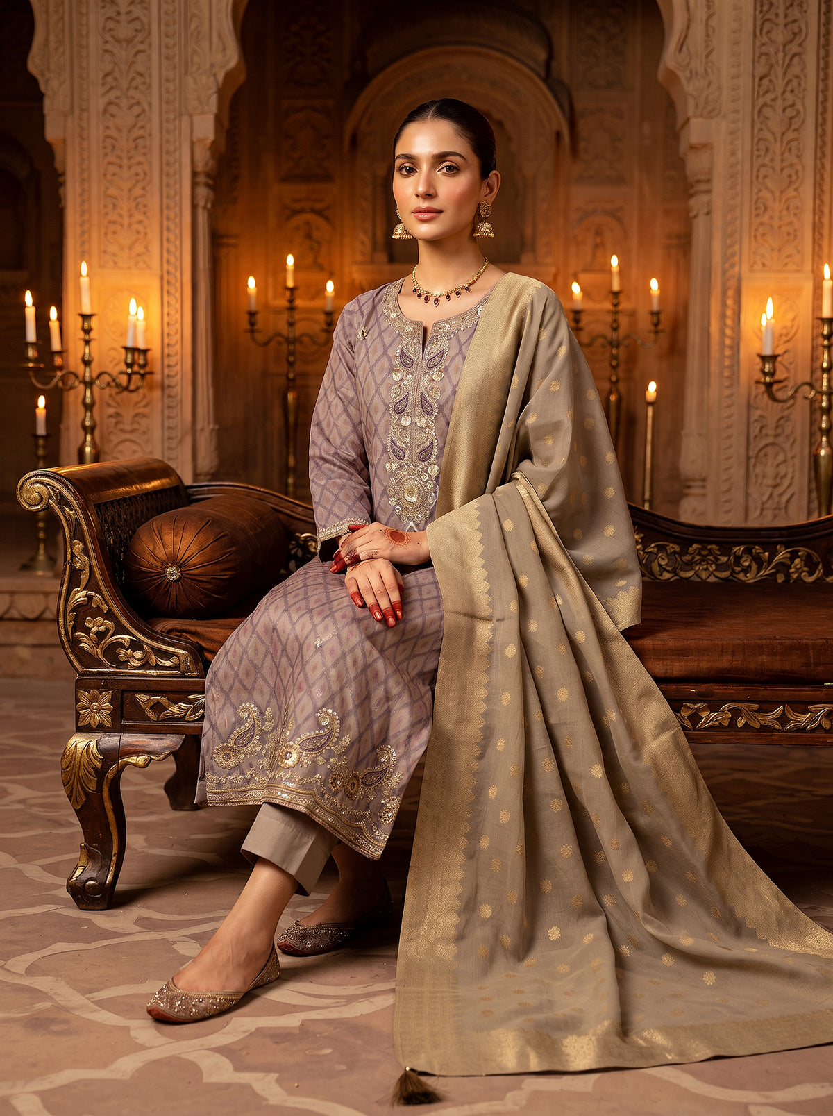 Moonlit Mauve | Mauve Jacquard Salwar Kameez with Hand-Embroidered Paisley | Palkhi Fashion