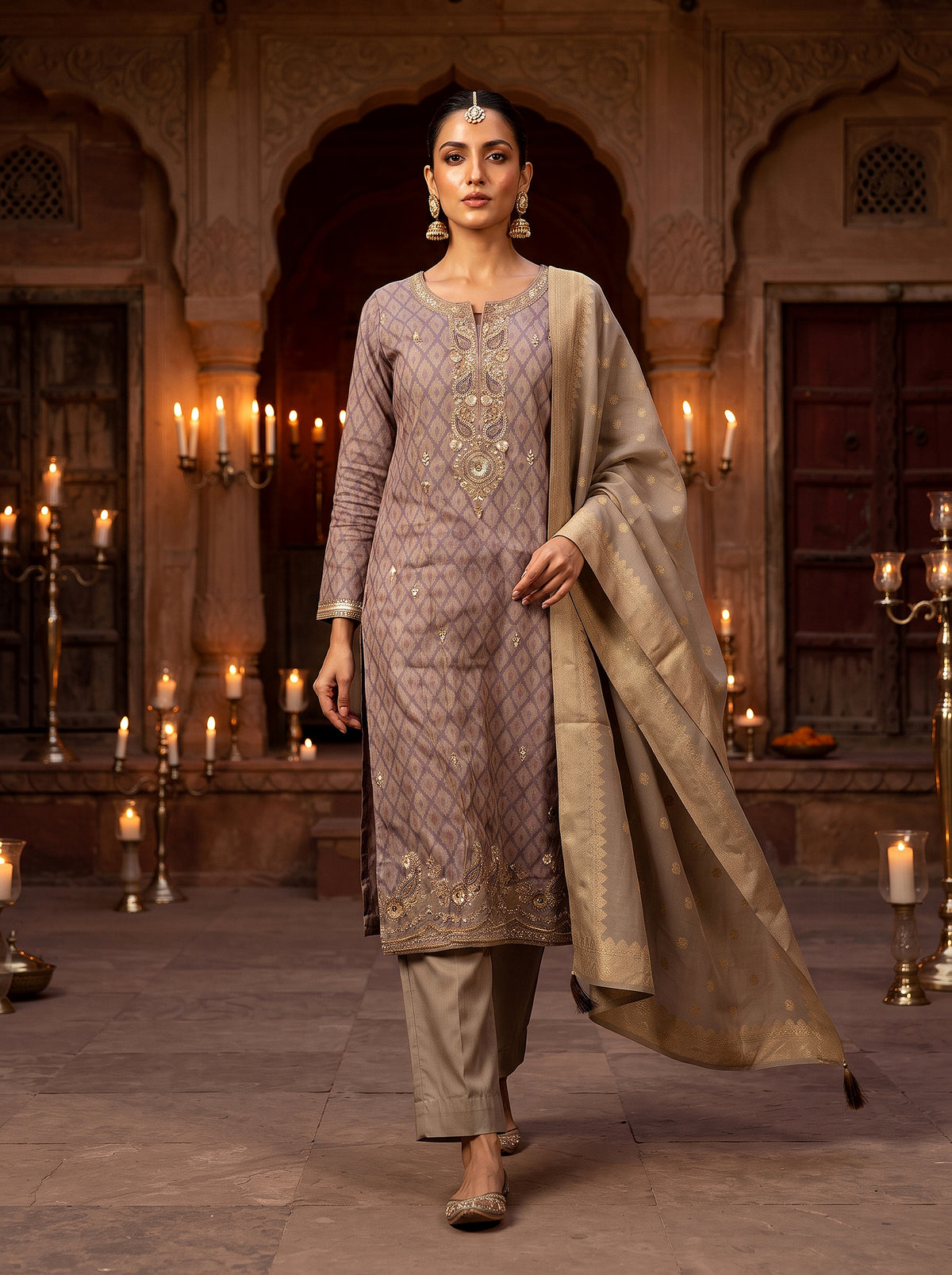 Moonlit Mauve | Mauve Jacquard Salwar Kameez with Hand-Embroidered Paisley | Palkhi Fashion