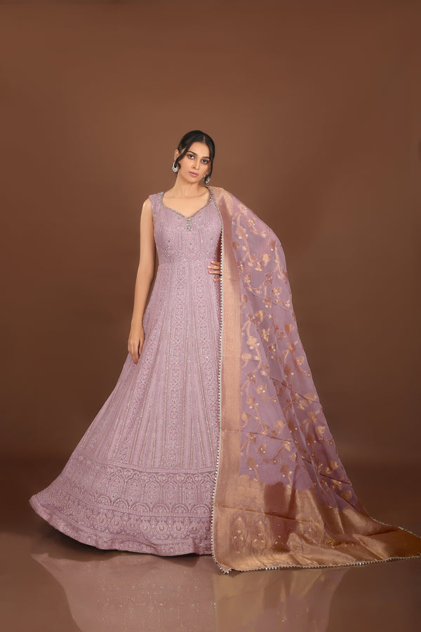 Mauve Lakhnavi Work Anarkali Suit with Banarasi Dupatta - Palkhi Fashion