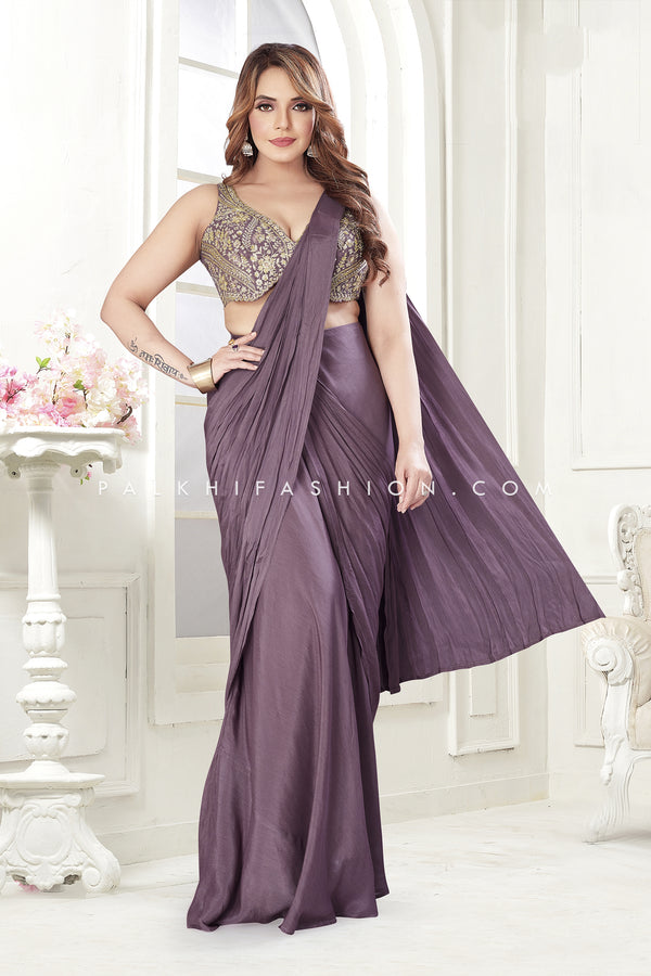 Mauve Magic: Pre-Styled Saree with Attractive Blouse