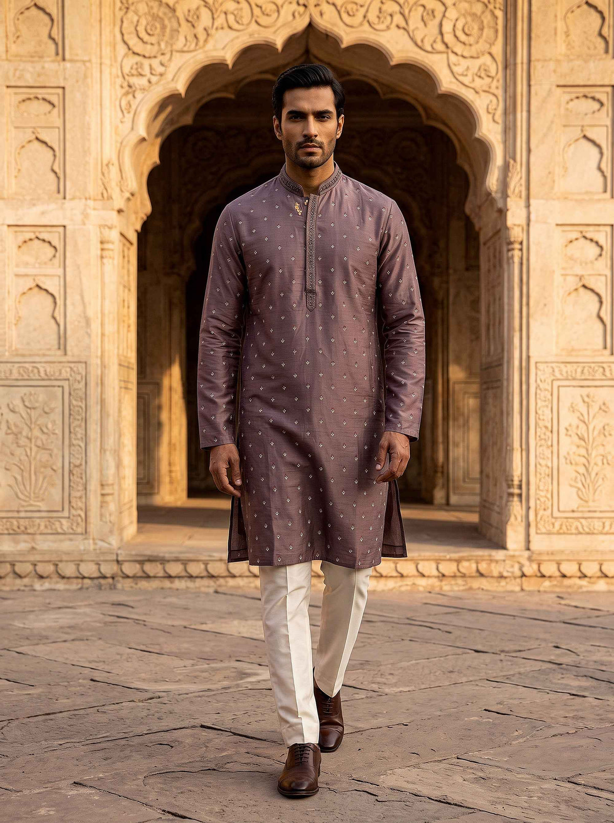 Regal Mauve Elegance | Mauve Soft Silk Kurta Set with Resham & Stone Work | Palkhi Fashion