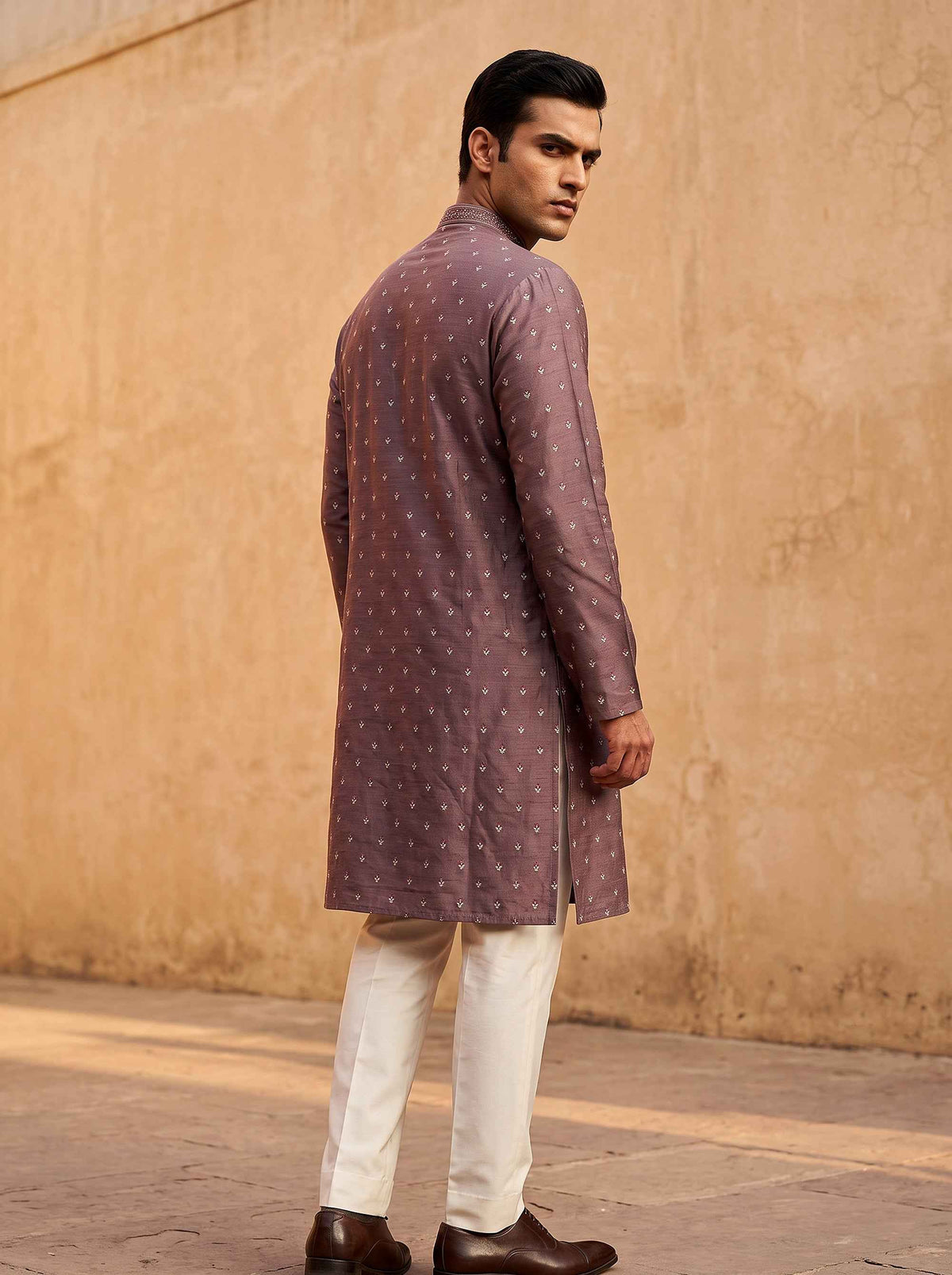 Regal Mauve Elegance | Mauve Soft Silk Kurta Set with Resham & Stone Work | Palkhi Fashion