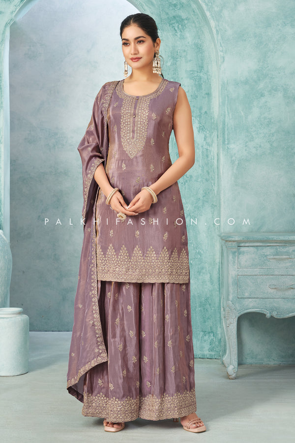 Mauve Soft Silk Palazzo Set with Elegant Embroidery | Palkhi Fashion