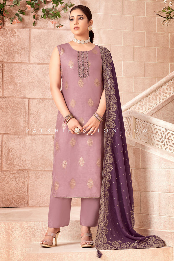 Mauve Soft Silk Straight Cut Suit With Elegant Work