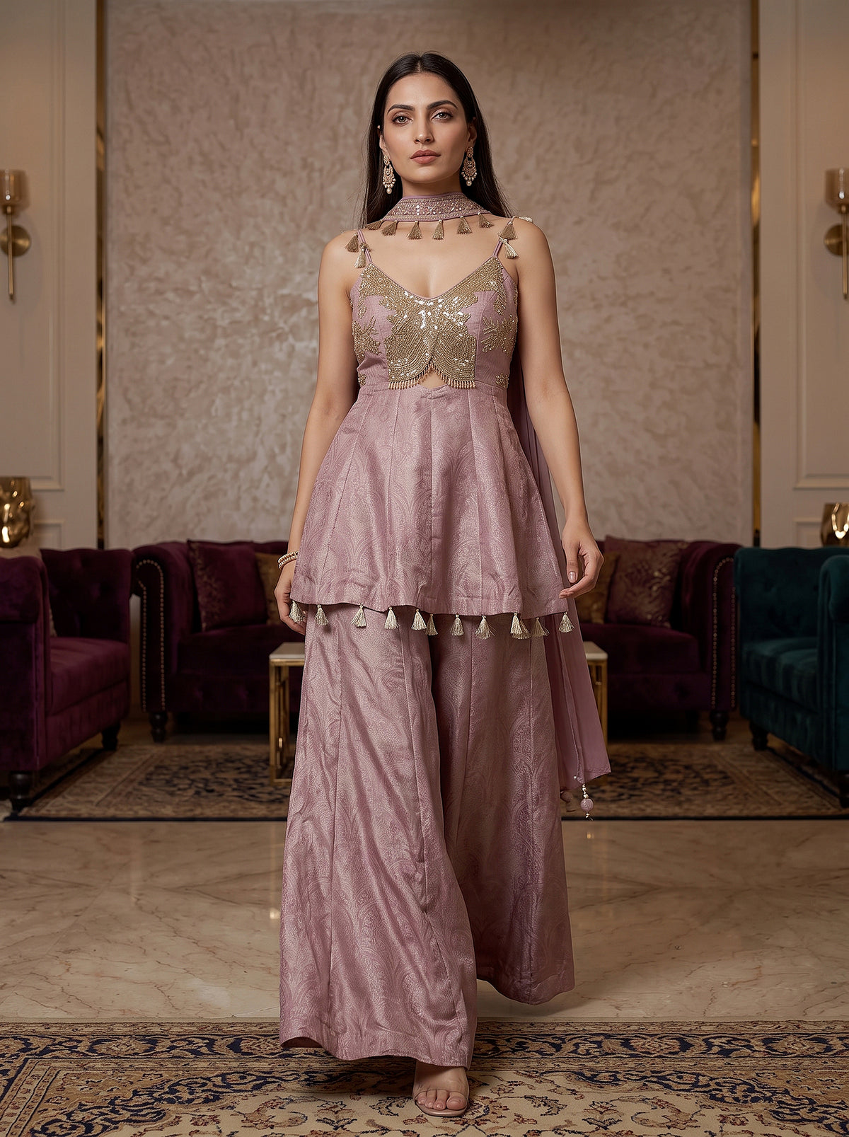Mauve Festive Radiance | Festive Mauve Palazzo Suit with Cutdana & Choker Dupatta | Palkhi Fashion