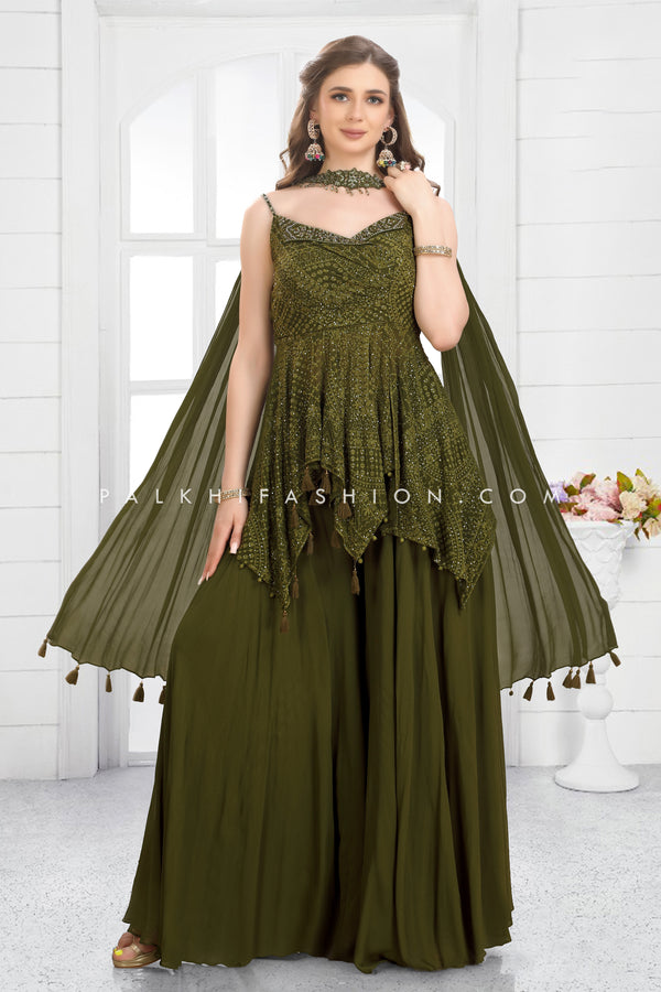 Mehndi Green Lakhnavi Palazzo Outfit With Attractive Style – Palkhi Fashion