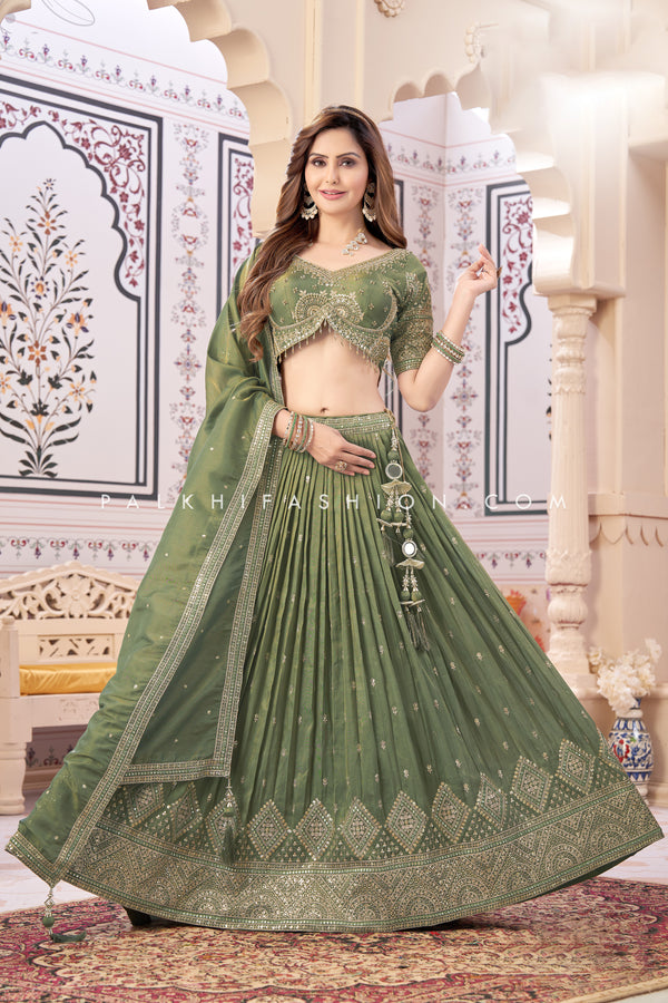 Mehndi Green Soft Silk Lehenga Choli with Embroidery Work – Palkhi Fashion