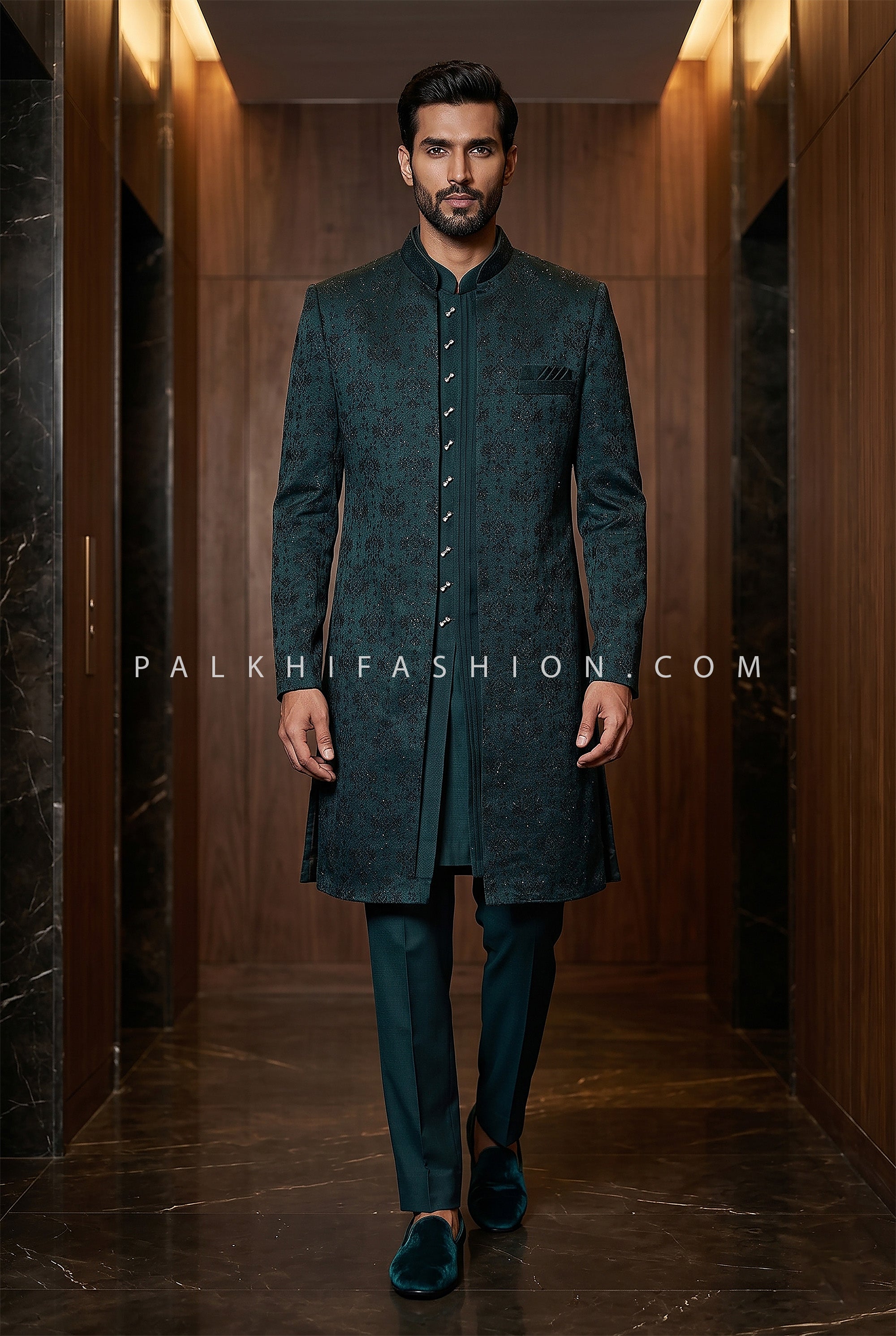 Midnight Pure Silk Open Jacket Indo-Western Set by Palkhi Fashion