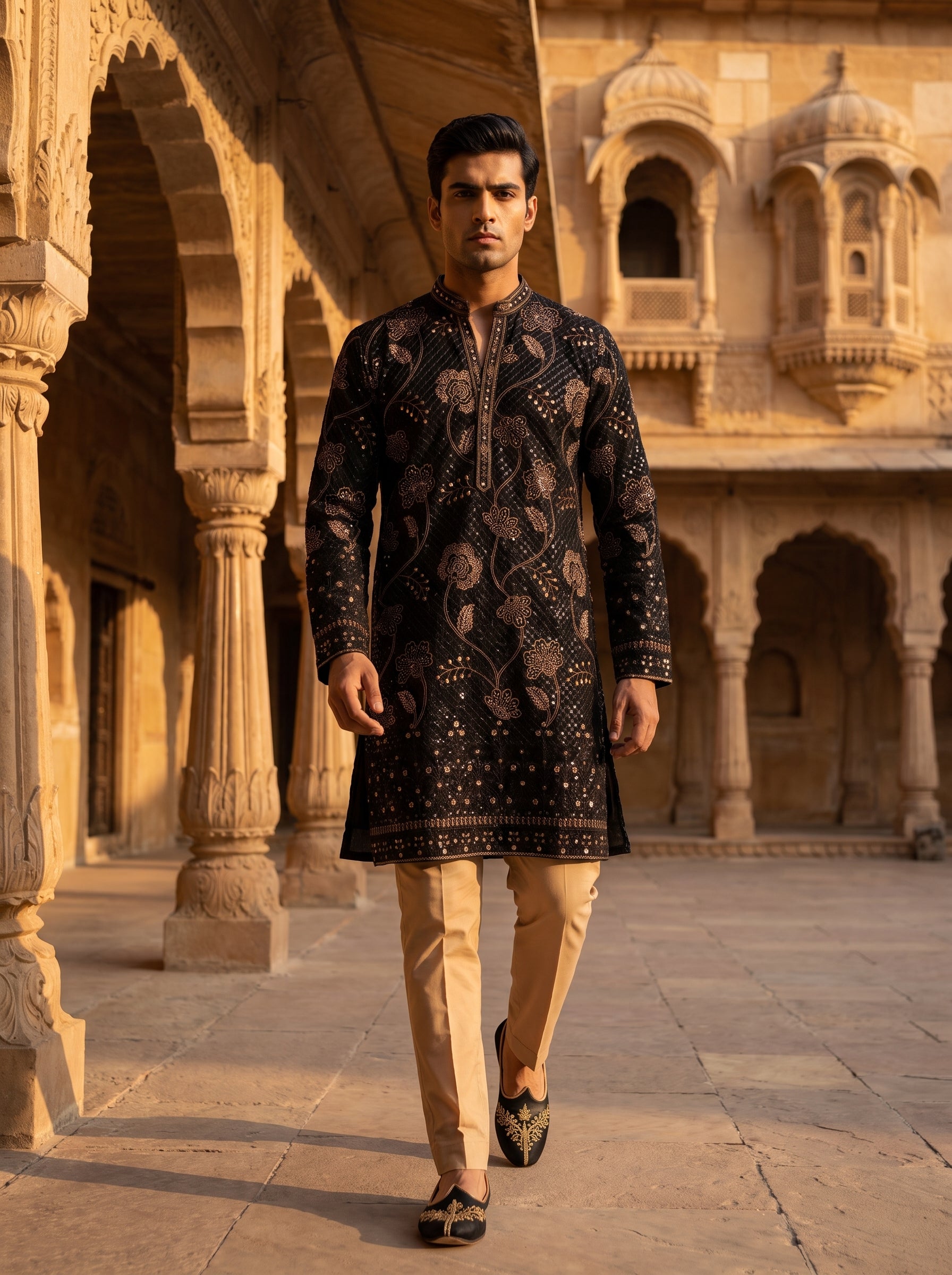 Regal Georgette Embroidered Kurta Set - Black & Blue | Palkhi Fashion