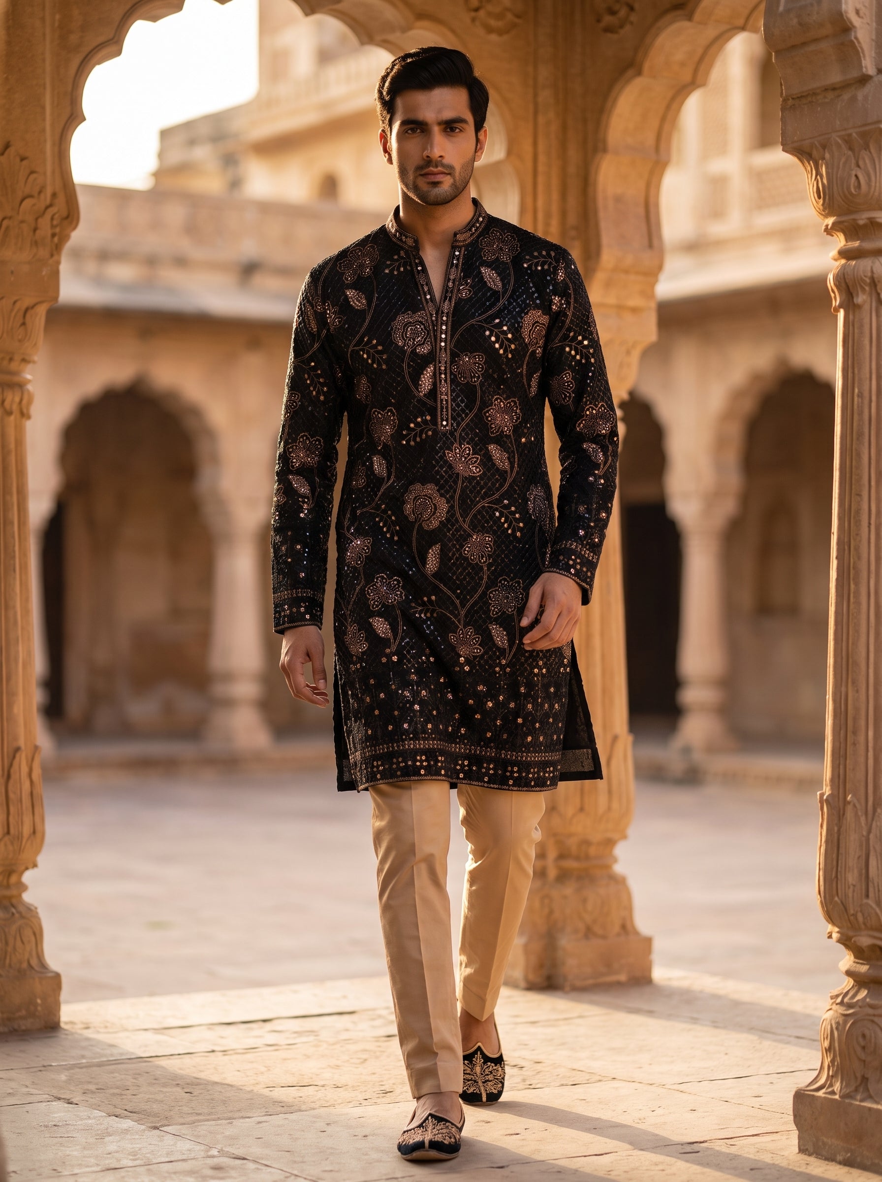 Regal Georgette Embroidered Kurta Set - Black & Blue | Palkhi Fashion