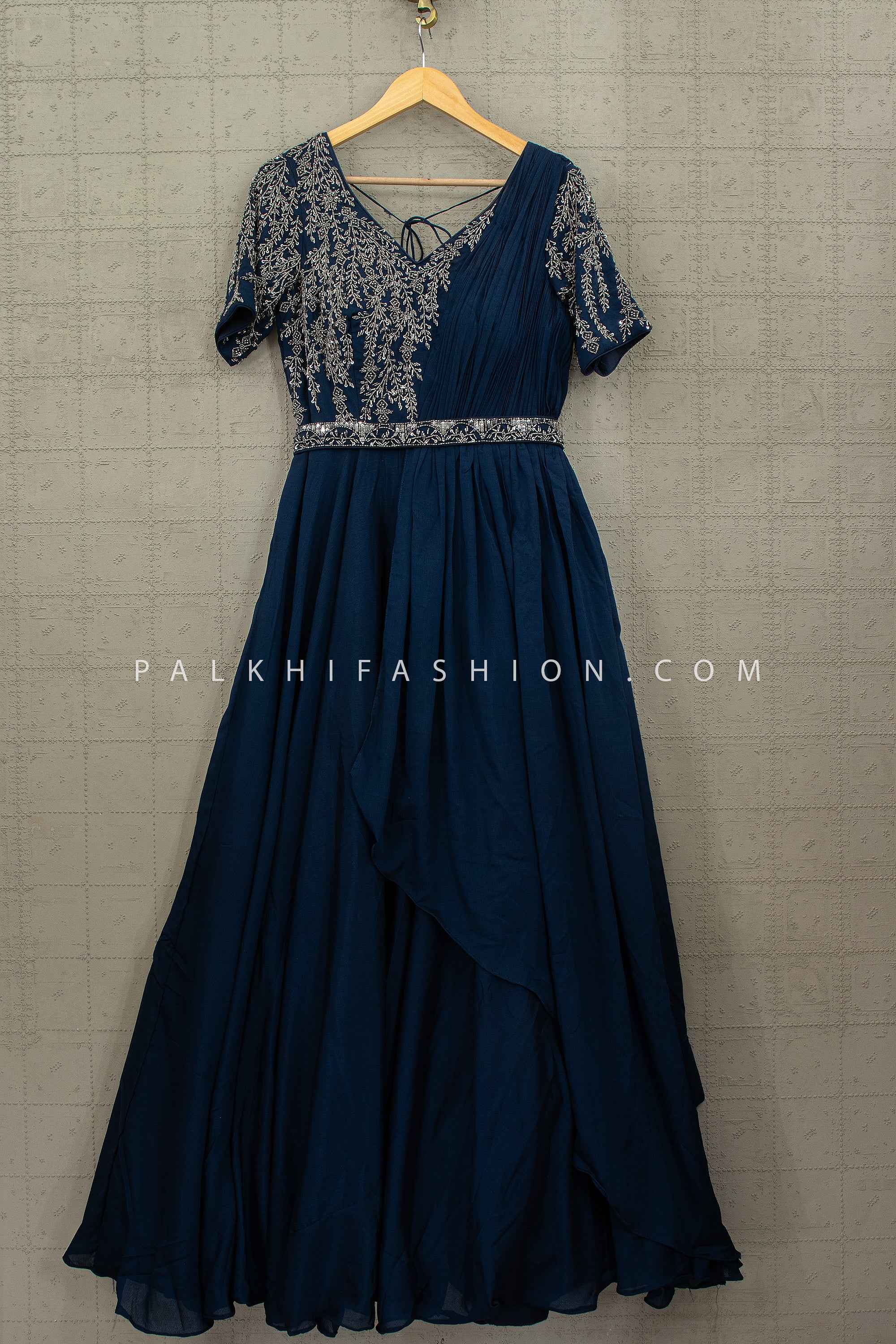 Navy Blue Indo Western Gown with Handwork Belt | Palkhi Fashion Navy Blue Indo Western Gown with Handwork Belt | Palkhi Fashion
