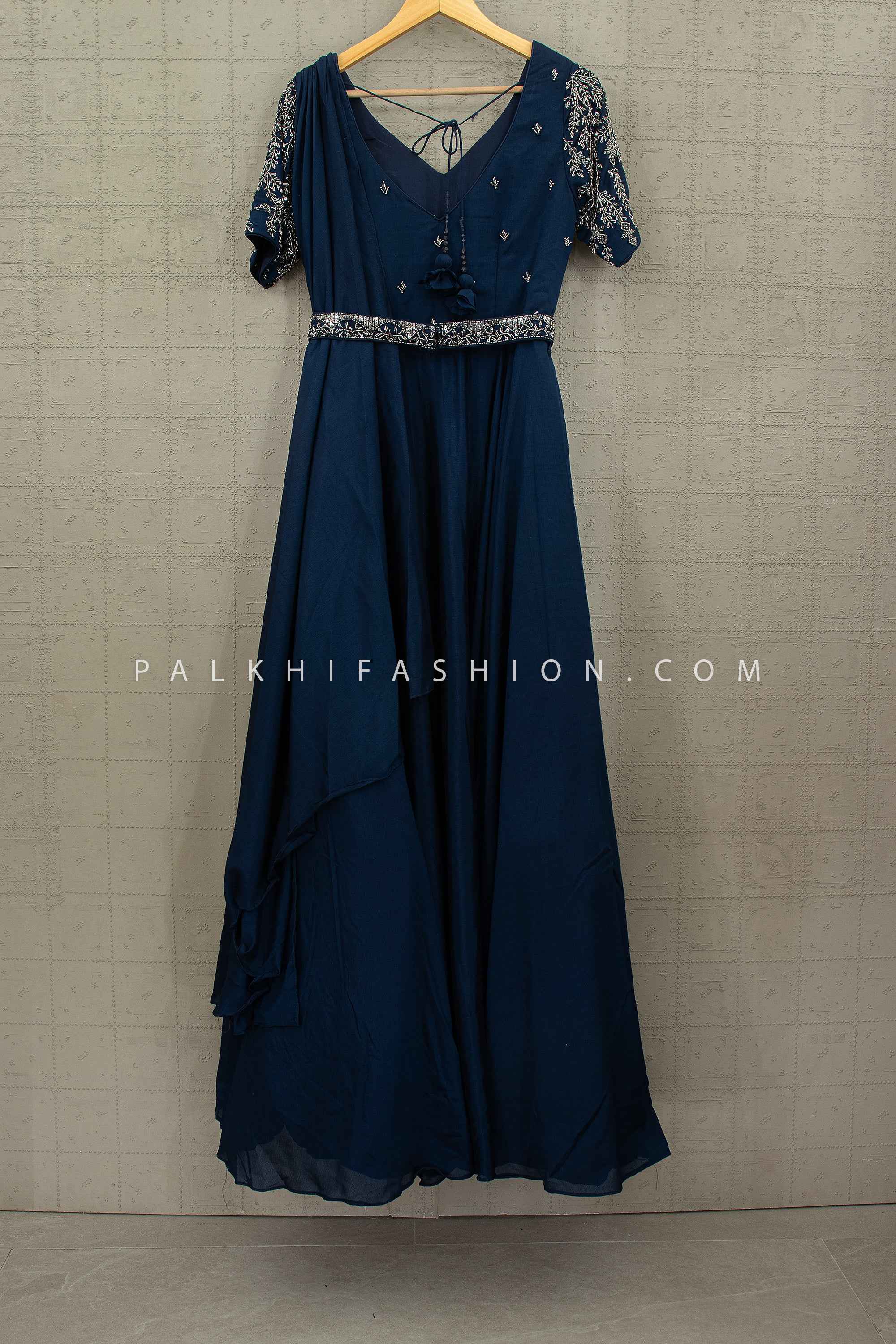 Navy Blue Indo Western Gown with Handwork Belt | Palkhi Fashion Navy Blue Indo Western Gown with Handwork Belt | Palkhi Fashion