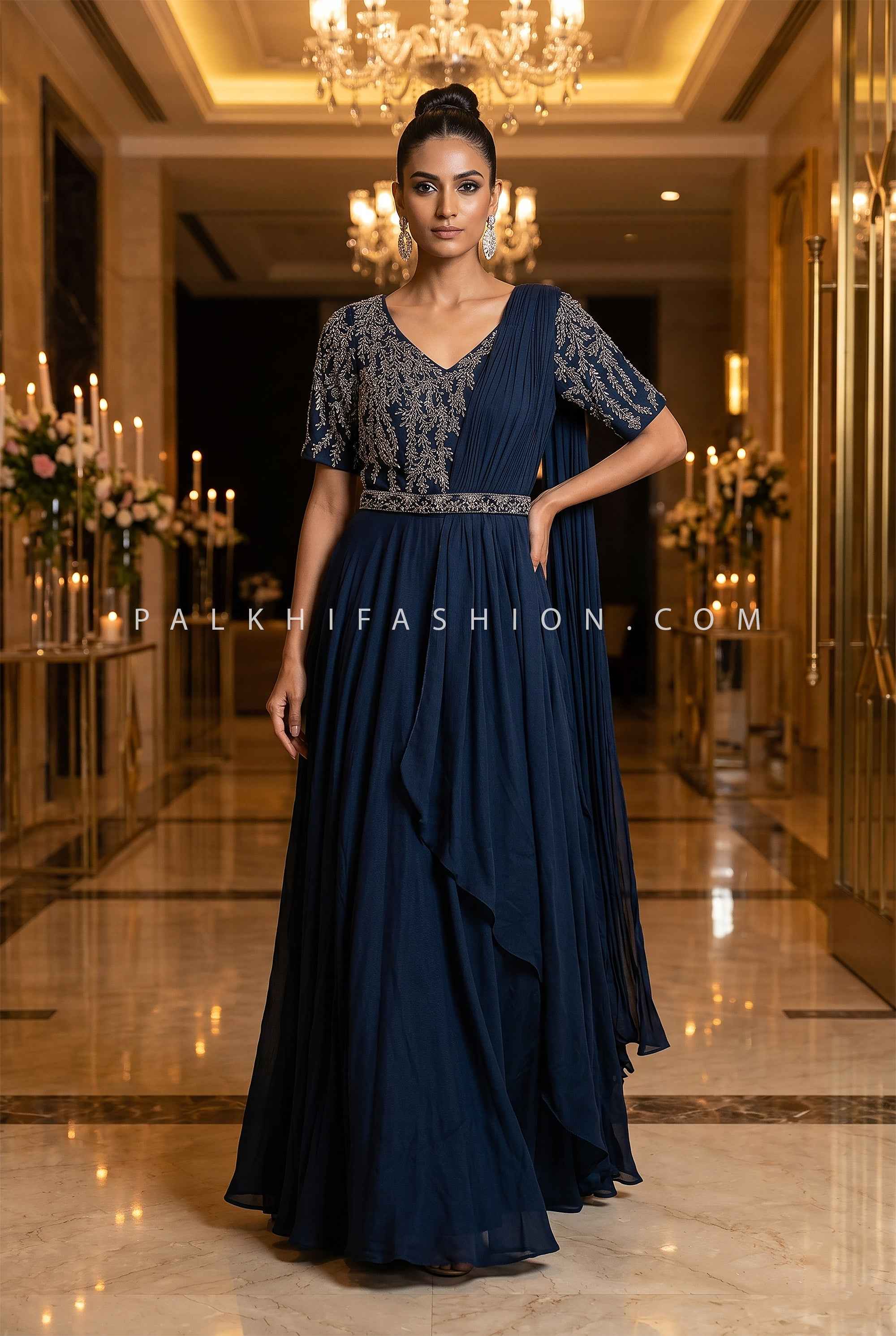 Midnight Cascade Glow - Navy Blue Designer Indo Western Dress Set | Palkhi Fashion