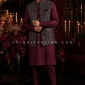 Midnight Regent Code - Dark Wine IndoWestern Jacket Kurta Set for Men | Palkhi Fashion