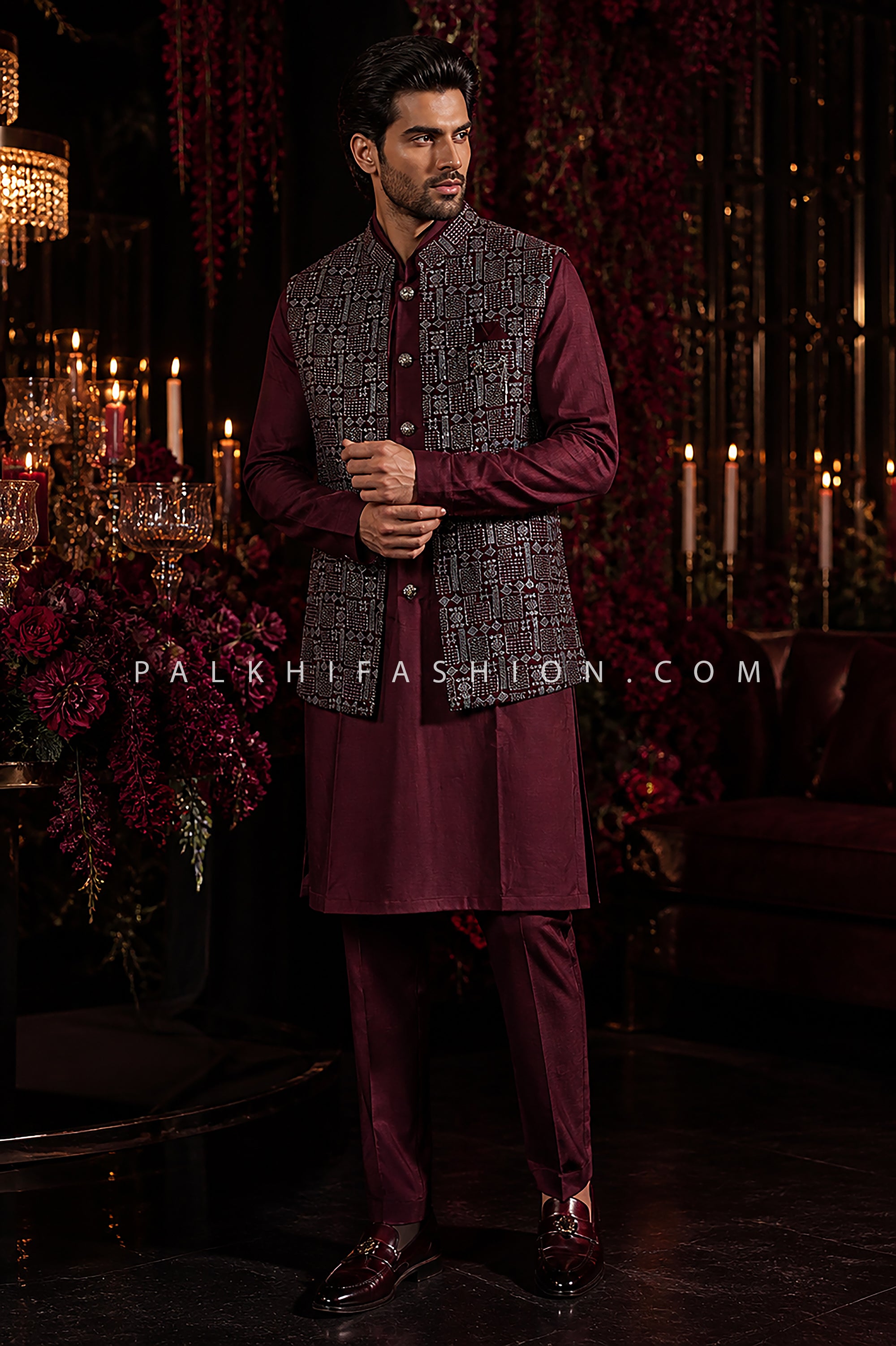 Midnight Regent Code - Dark Wine IndoWestern Jacket Kurta Set for Men | Palkhi Fashion